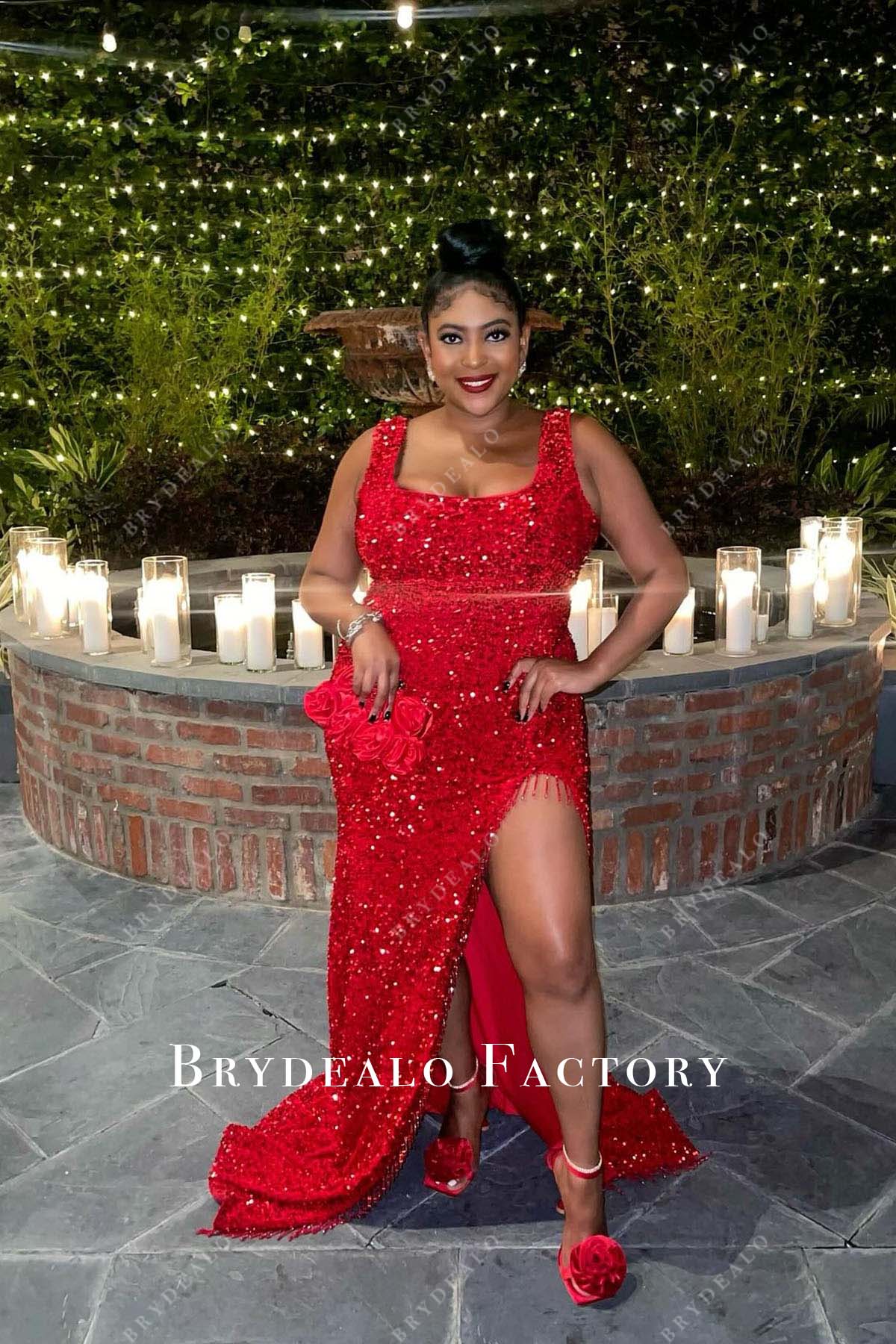 Red Sequined Square Neck Plus Size Thigh Slit Prom Dress Red Sequined Square Neck Plus Size Thigh Slit Prom Dress