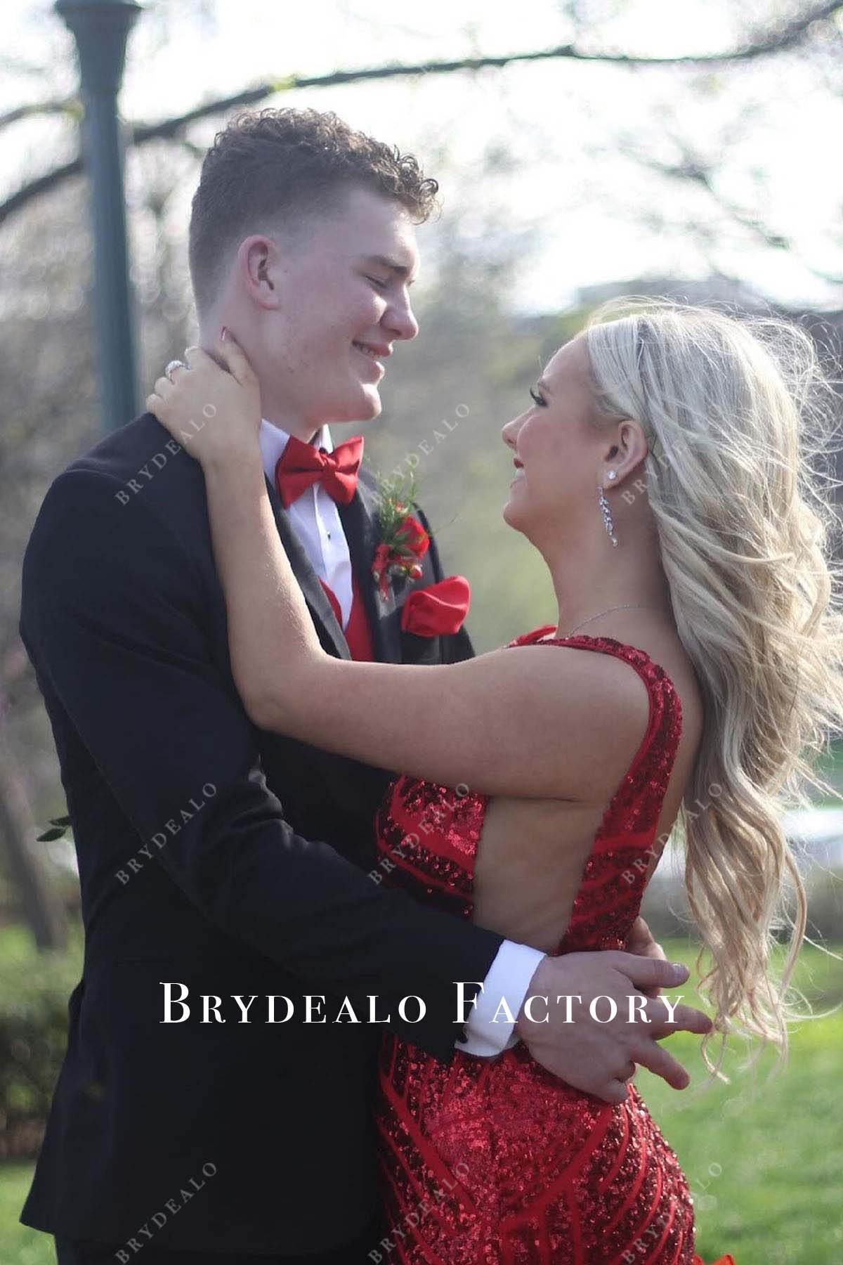 red sequined sleeveless ruffled homecoming dress