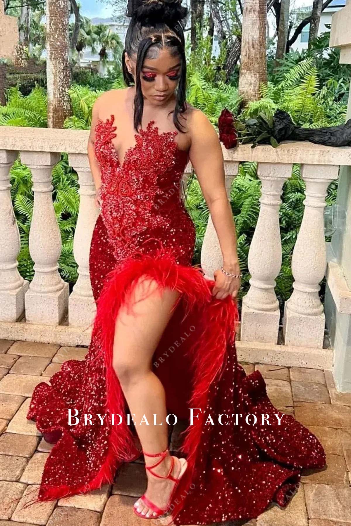 Red Rhinestone Sequin Feather Slit Mermaid Prom Dress Red Rhinestone Sequin Feather Slit Mermaid Prom Dress
