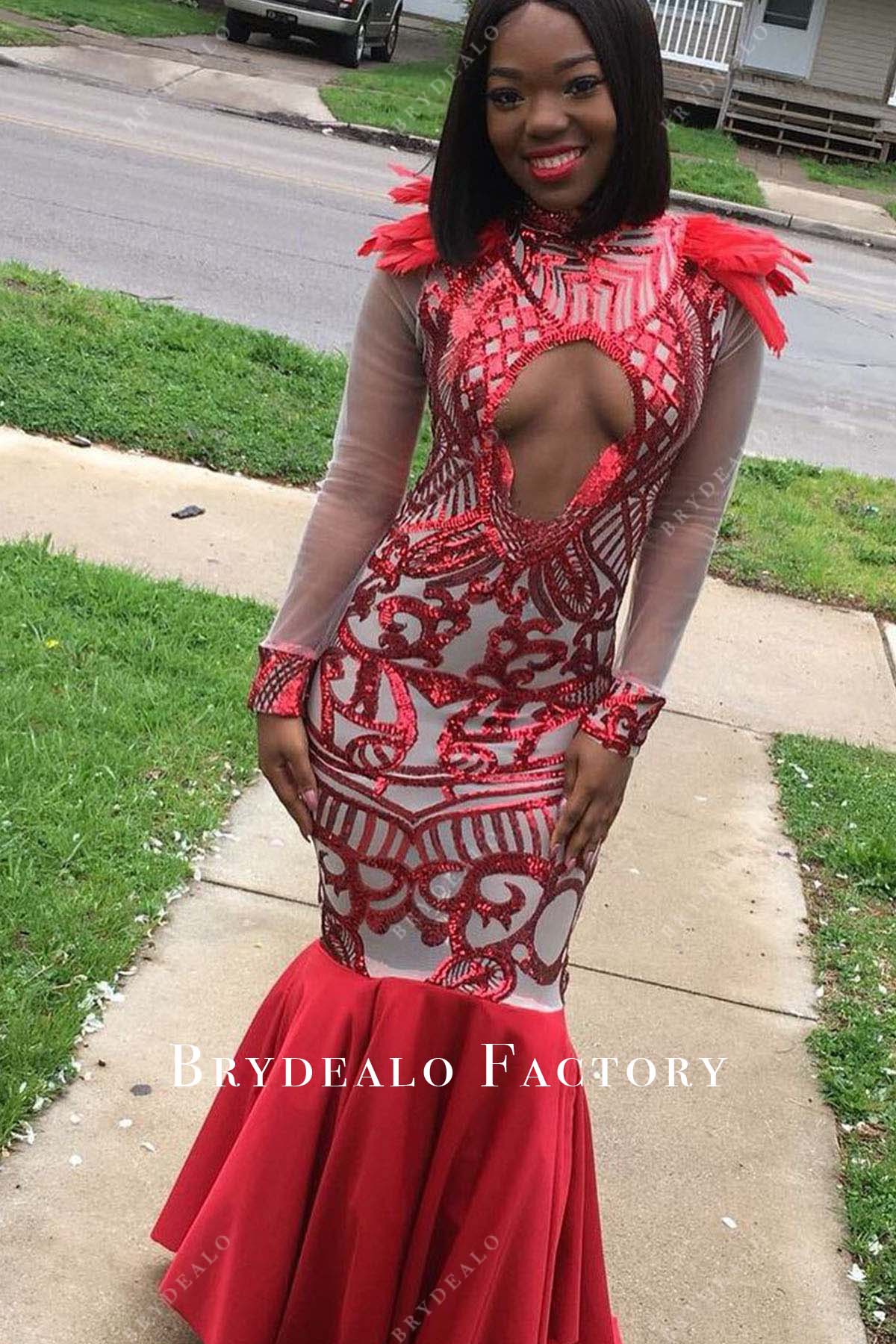 fitted lace wedding dress Red Sequined Sheer Sleeves Mermaid Floor Length Prom Dress