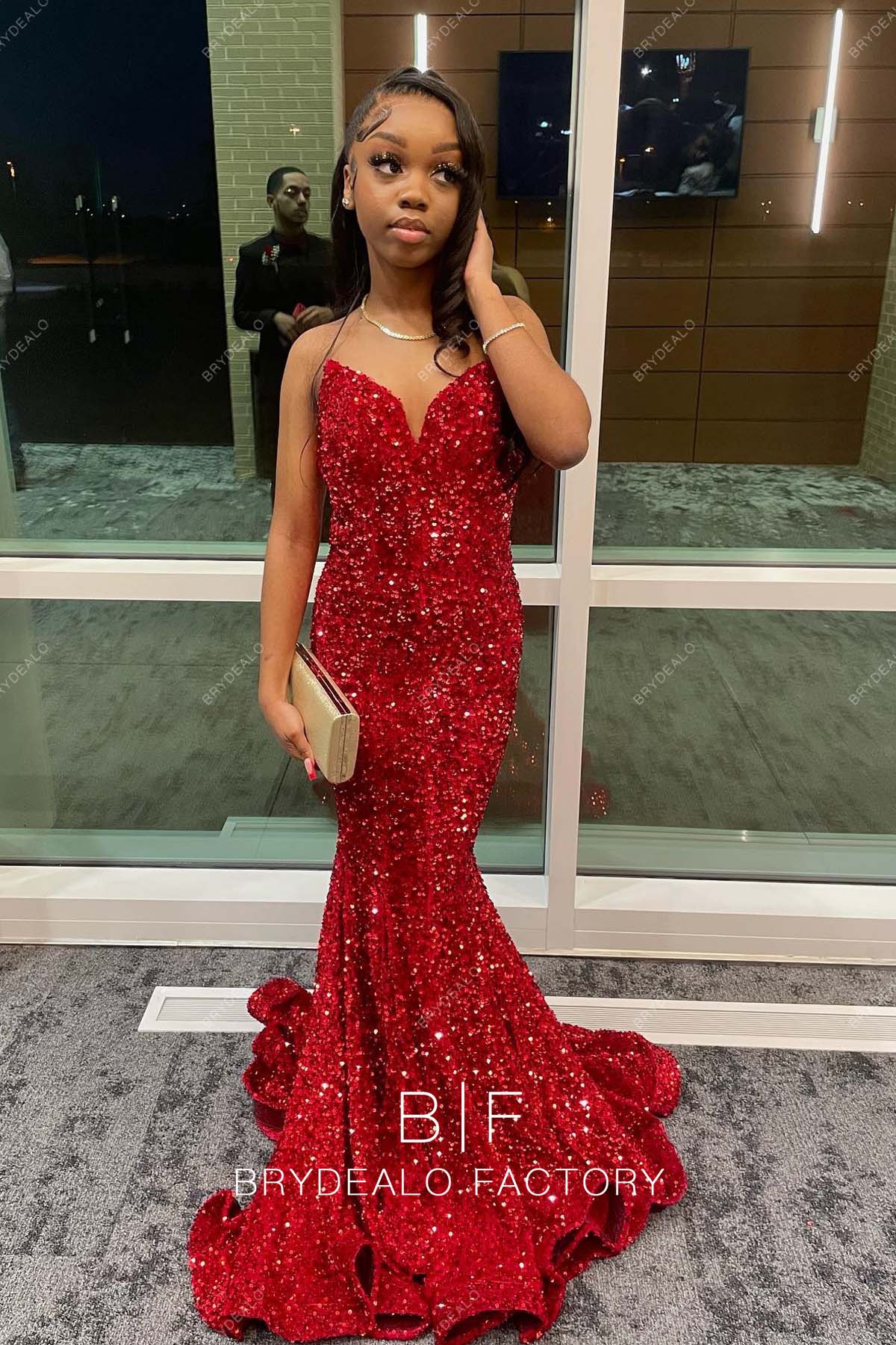 Brydealo Factory Red Sequins Shimmery Strapless Plunging Mermaid Prom Dress