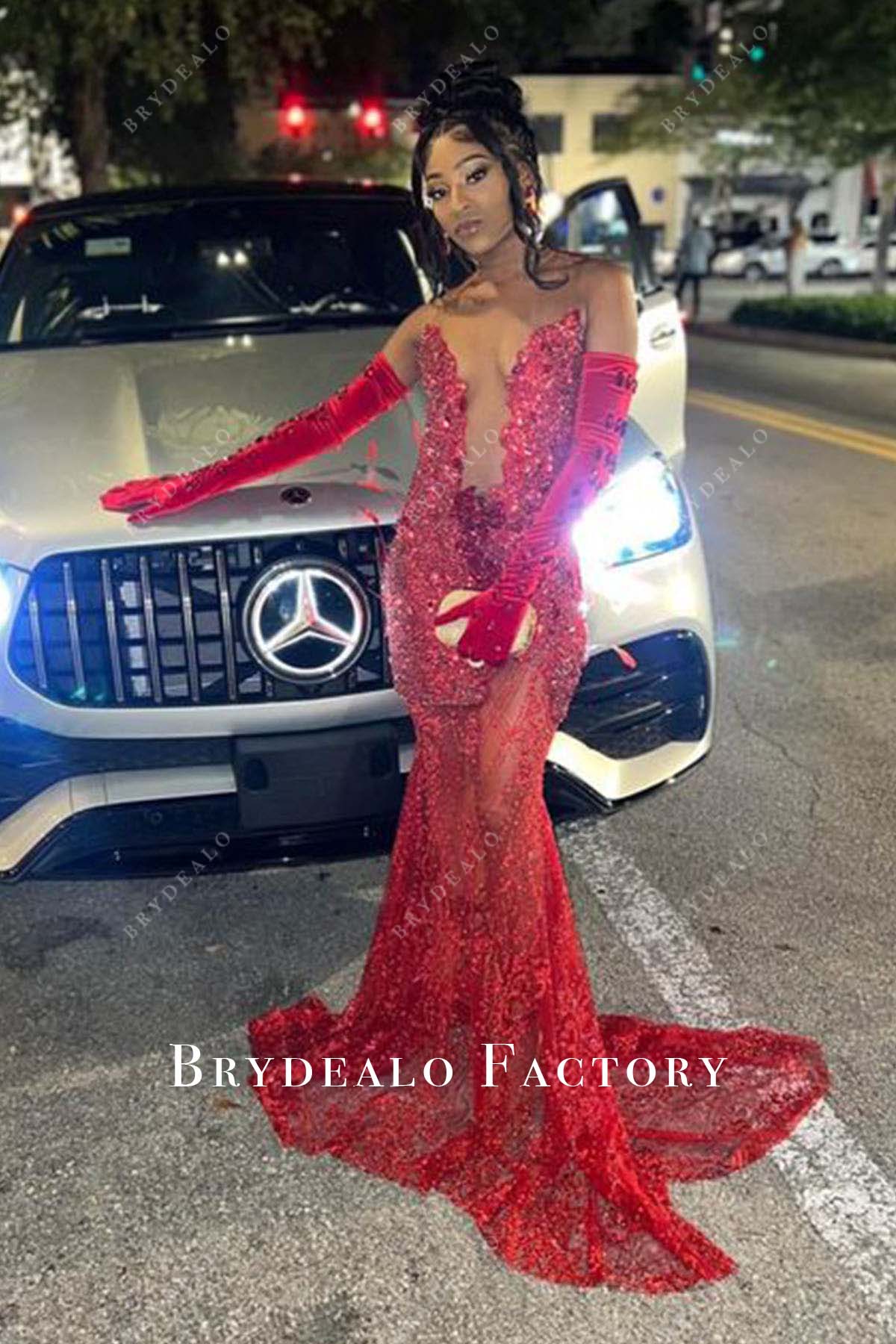 red sheer prom dress Unique One Sleeve Sheer Tassel Lace Red Satin Prom Gown