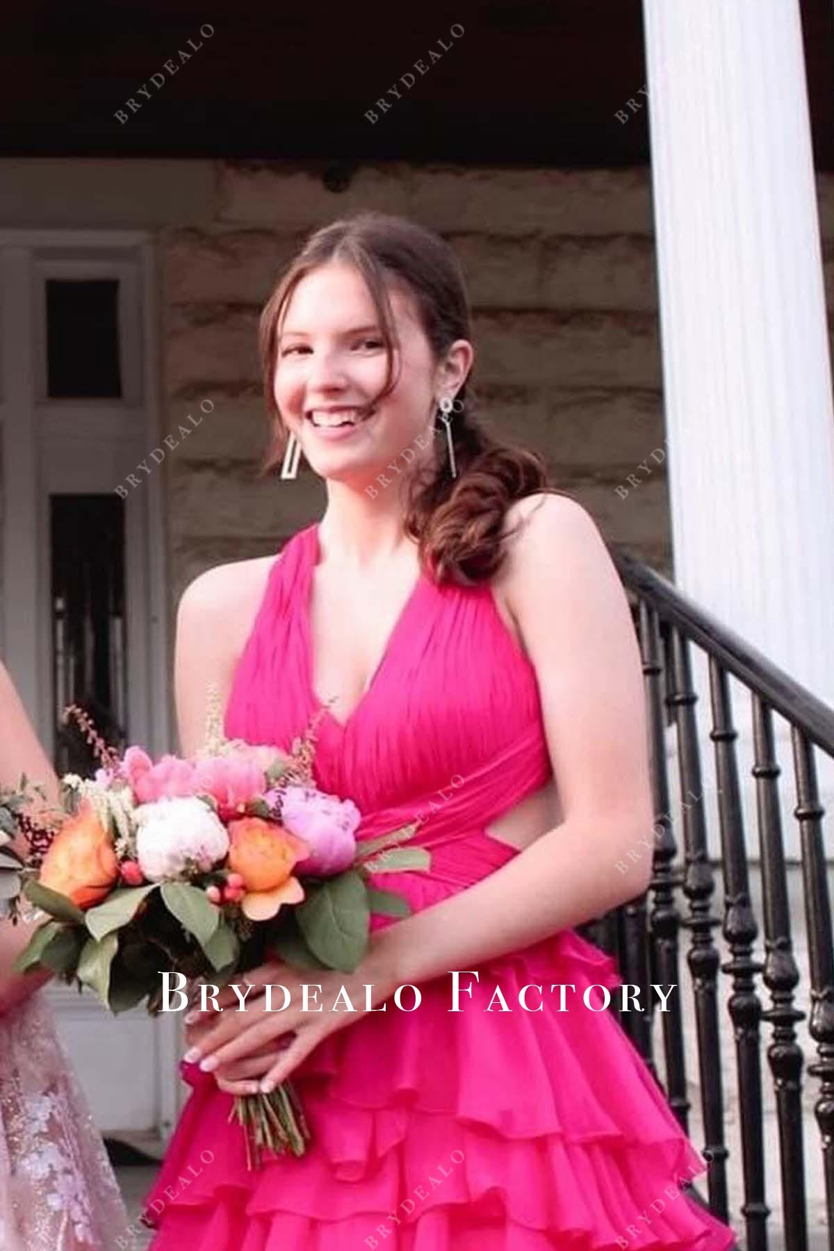 red sleeveless v neck prom dress