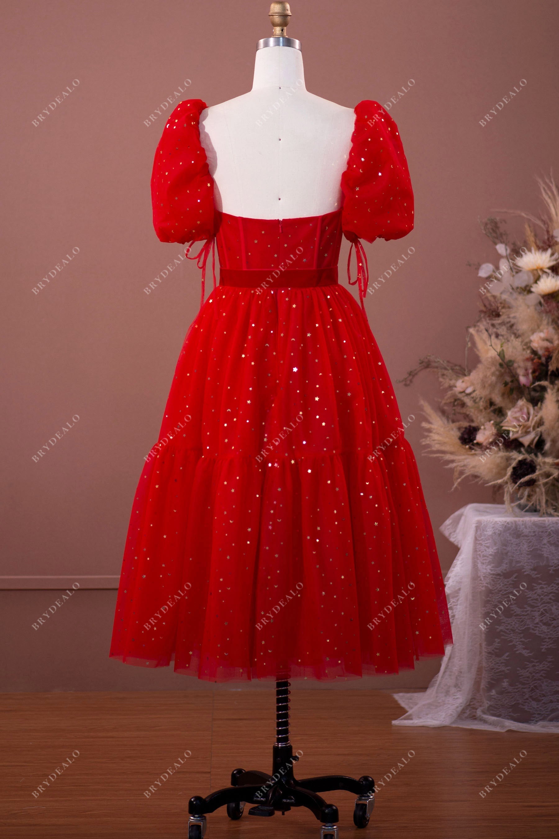 red star tea length prom dress