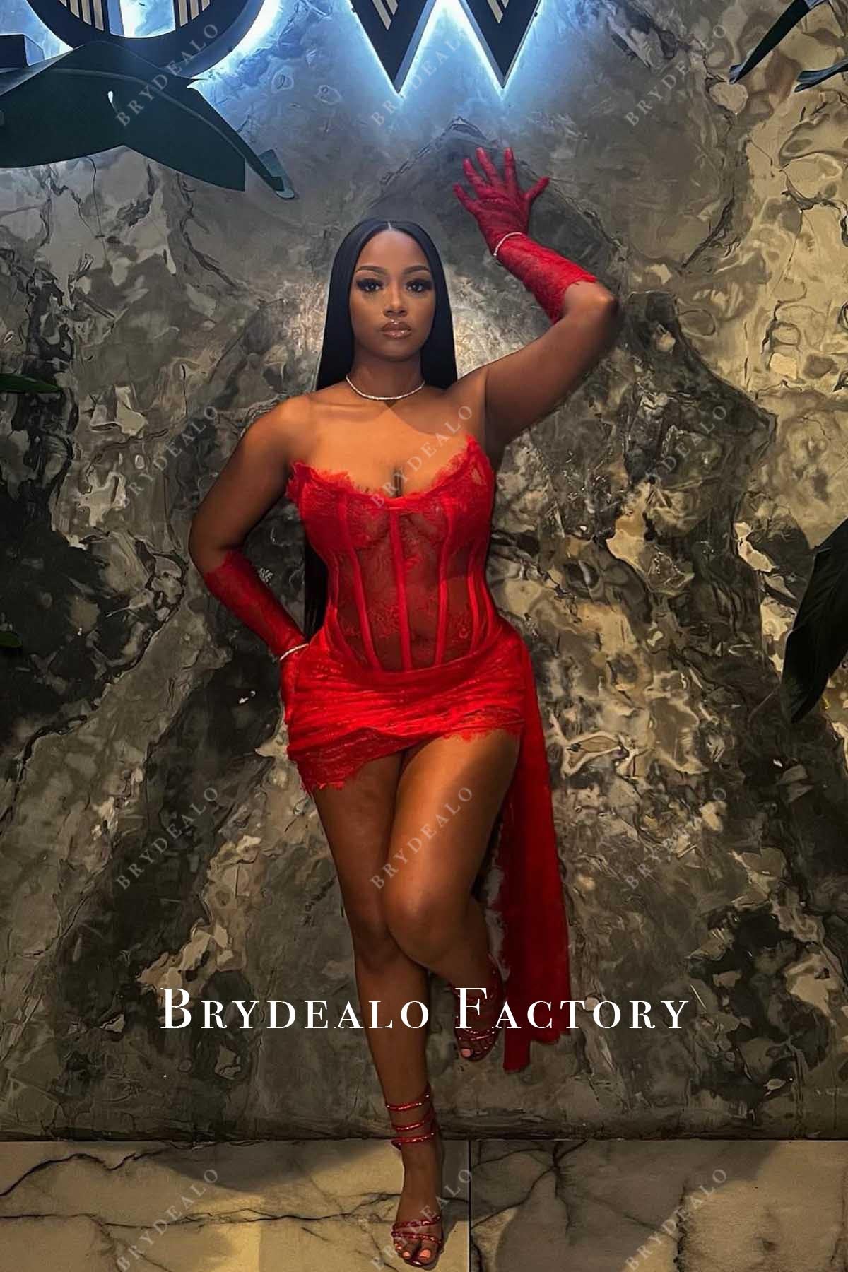 red strapless illusion mini prom dress