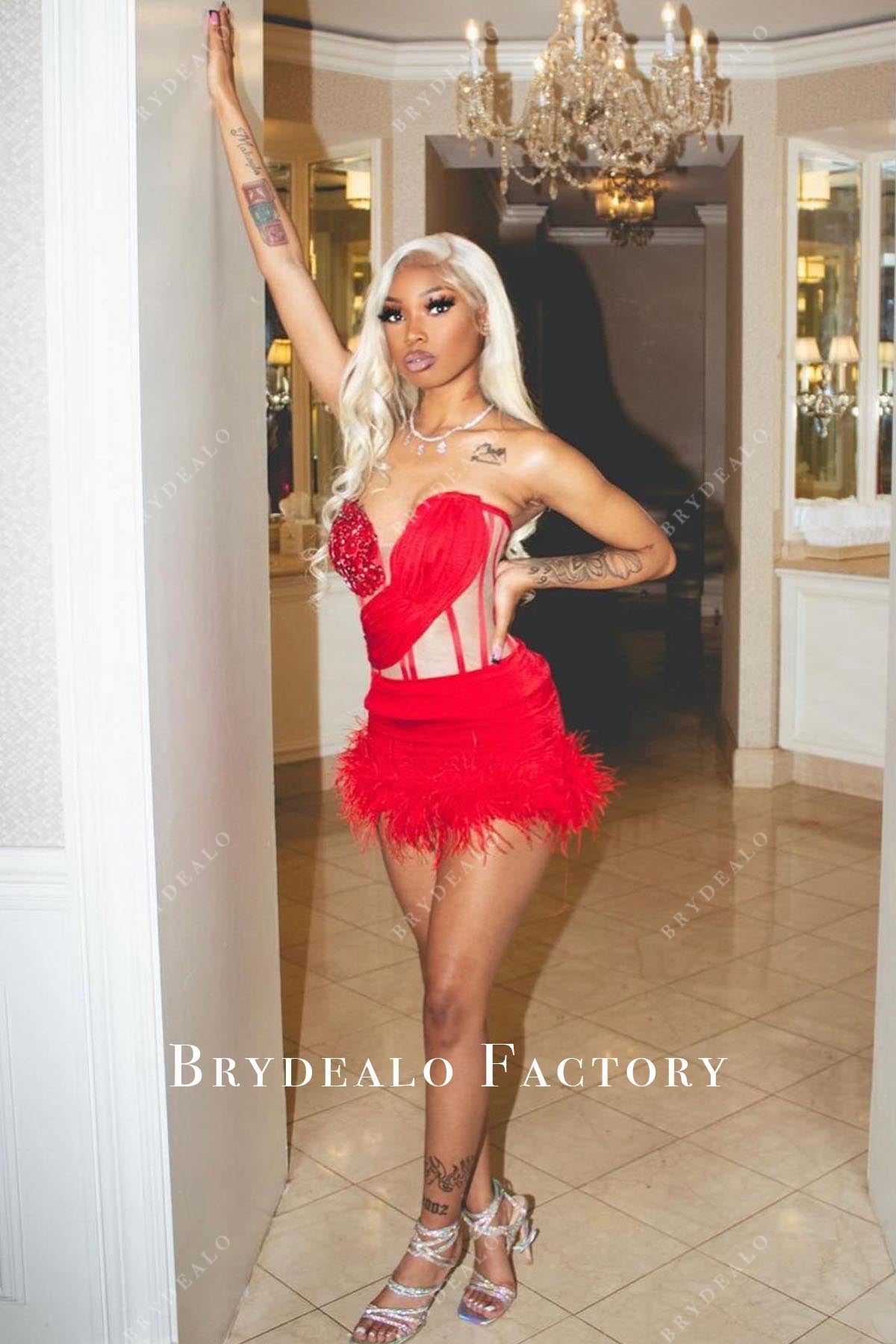 red strapless mini prom dress