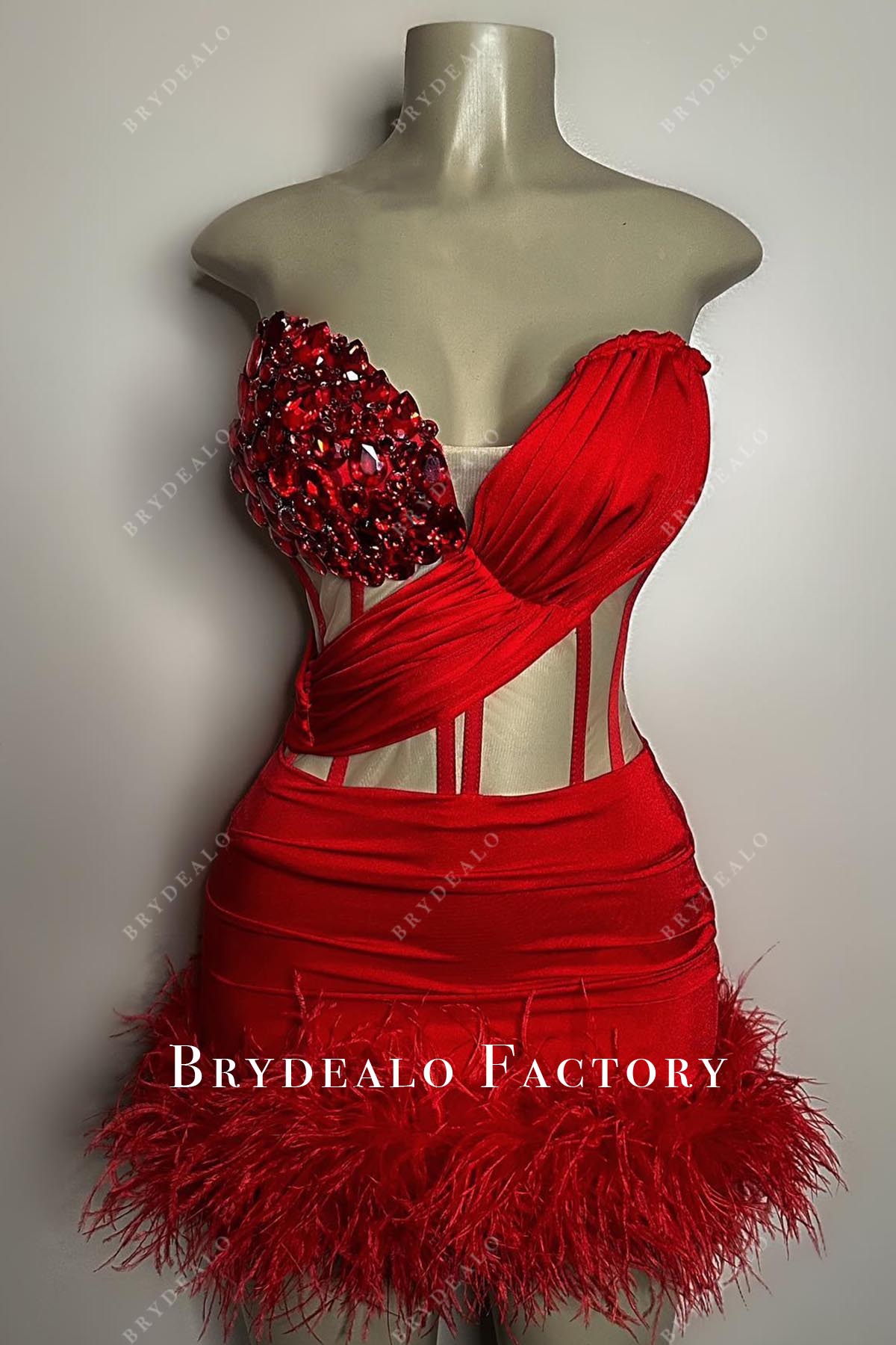 red sweetheart feathered mini prom dress