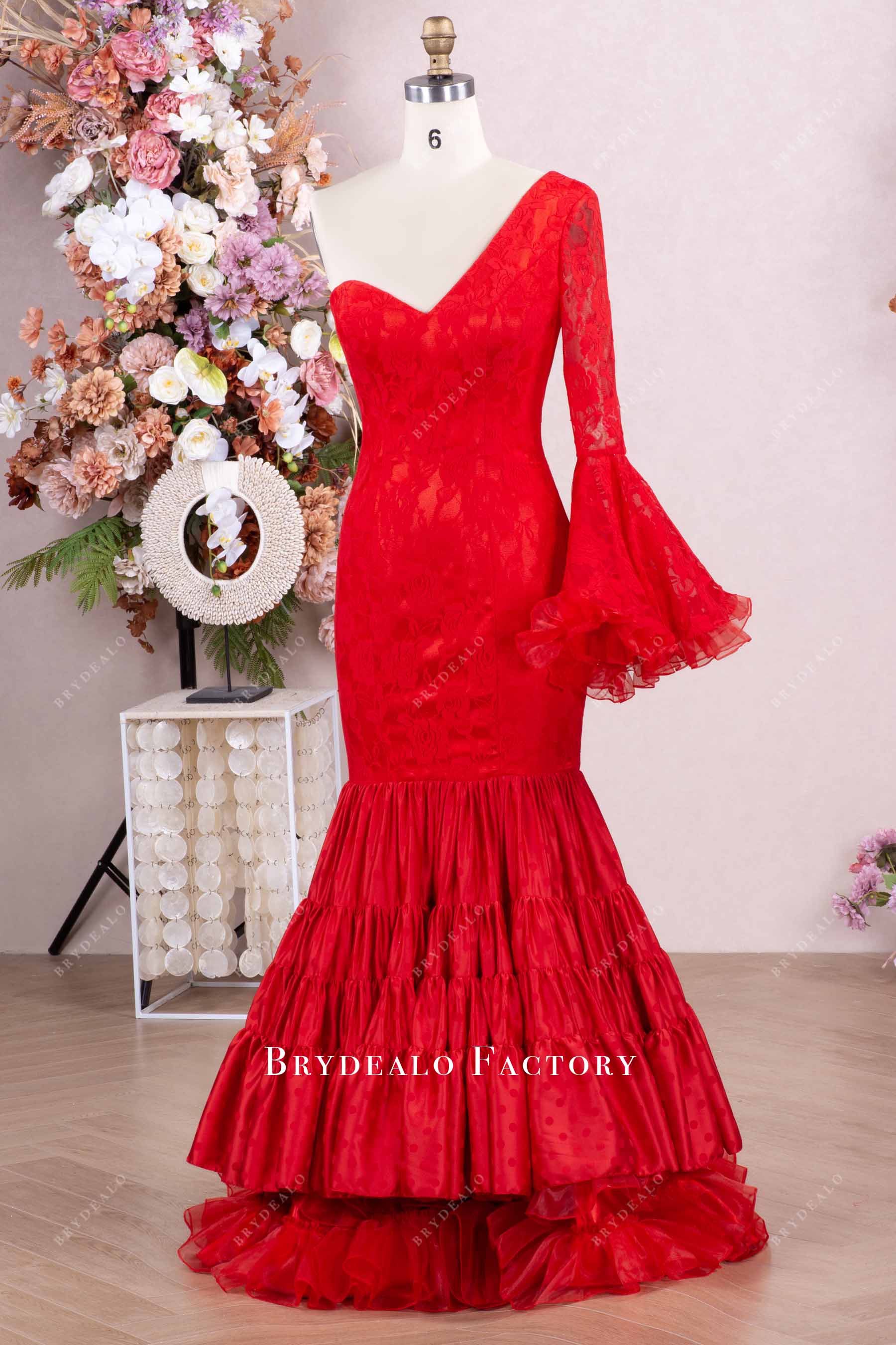 red tiered trumpet prom dress