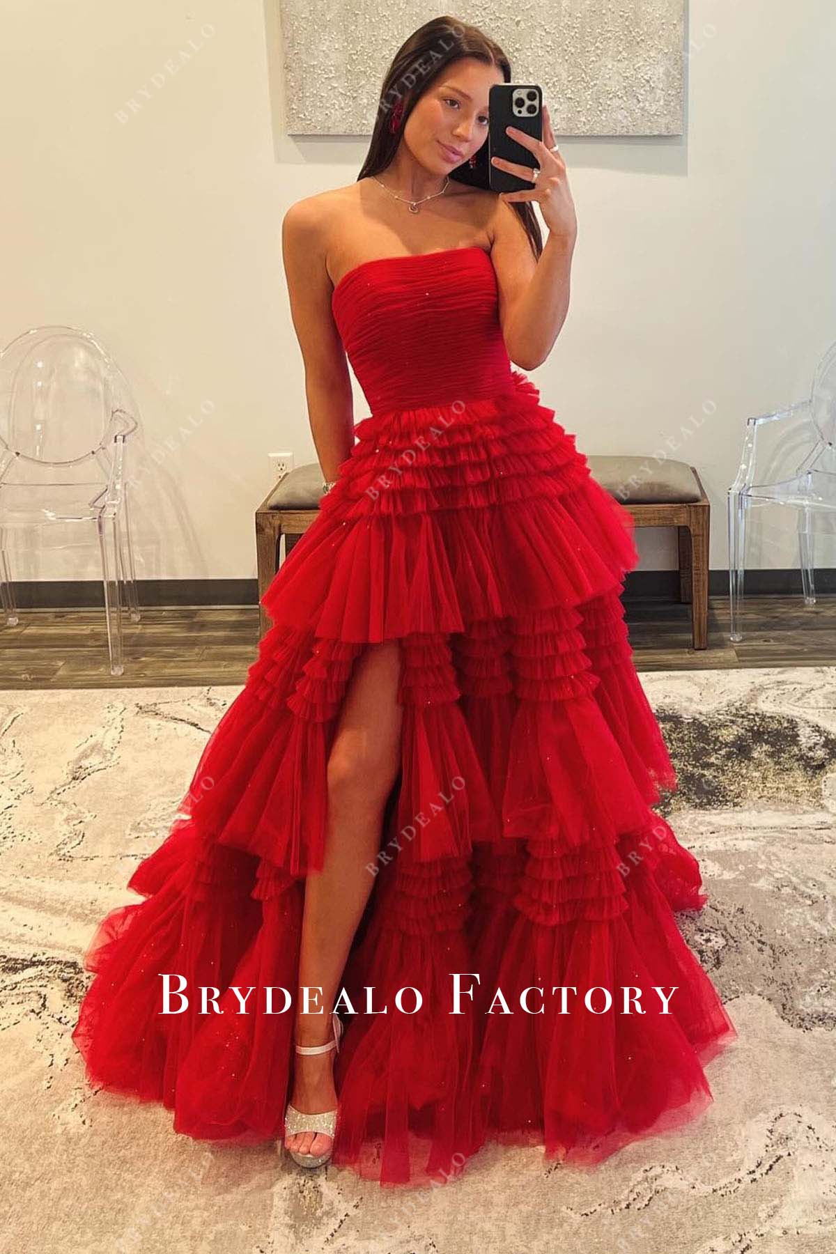 Red Tulle Strapless Tiered A-Line Slit Prom Dress