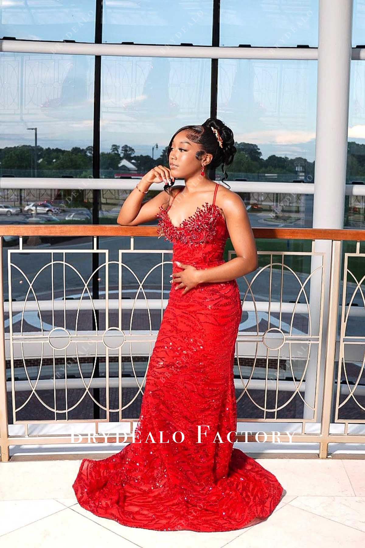 red v neck prom dress