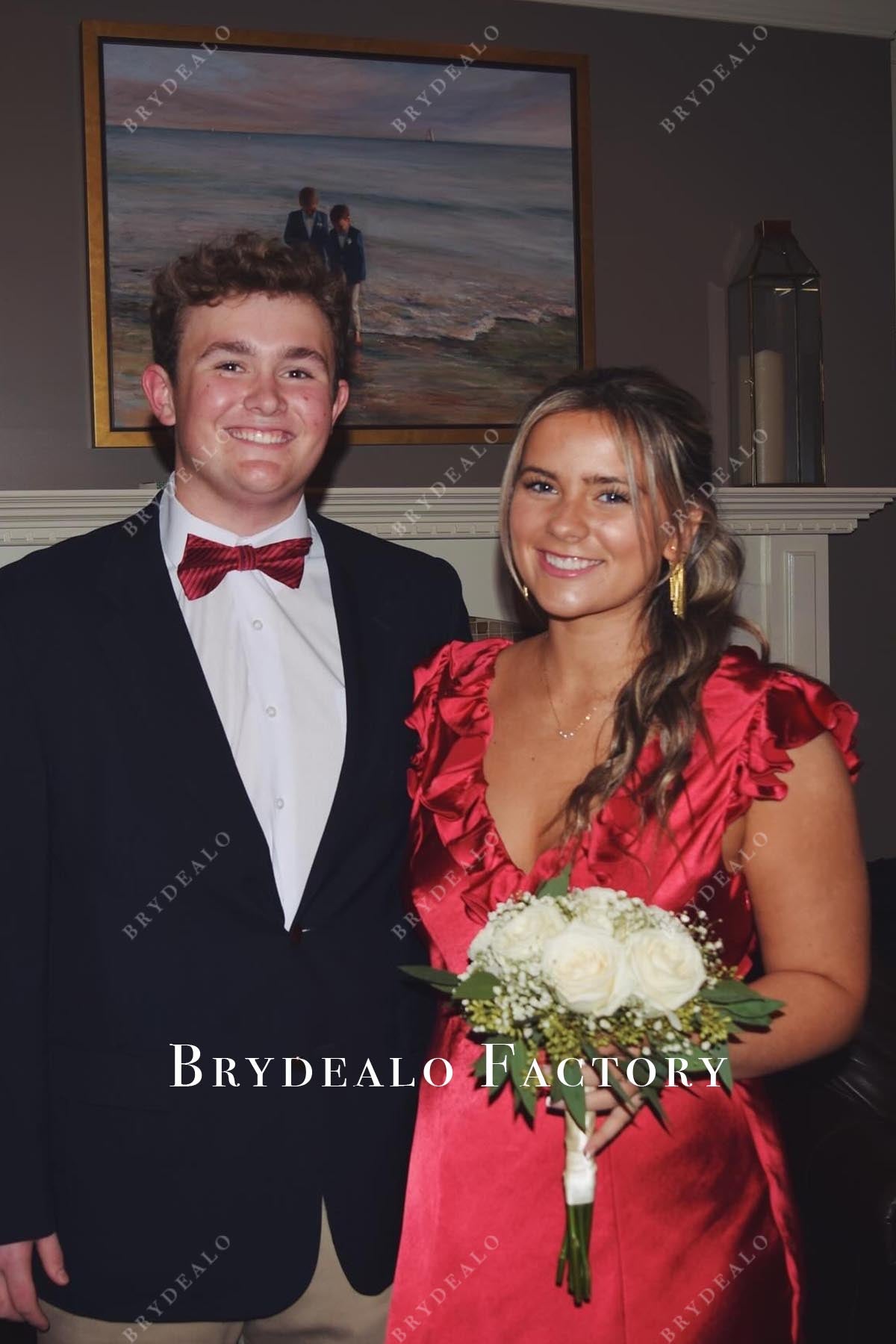 red v neck prom dress