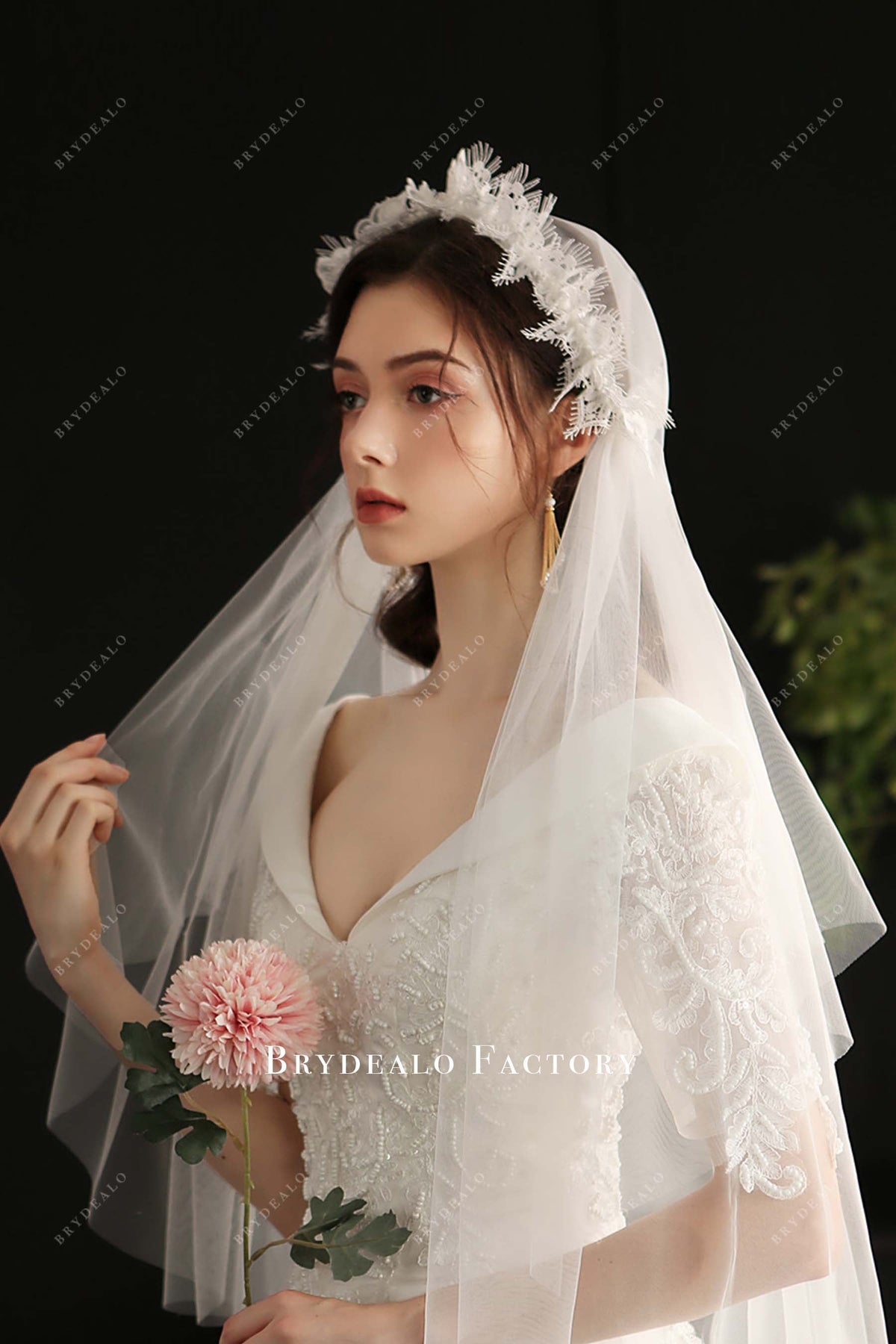 White Bride Cap with veil Juliet Cap Veil | Illusion Tulle Wedding Veil | Oval Bridal  main image 2