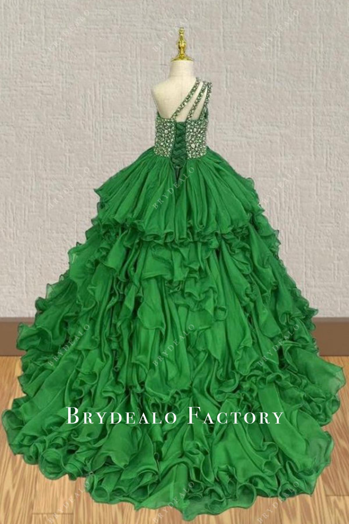 rhinestones emerald sweep train pageant dress