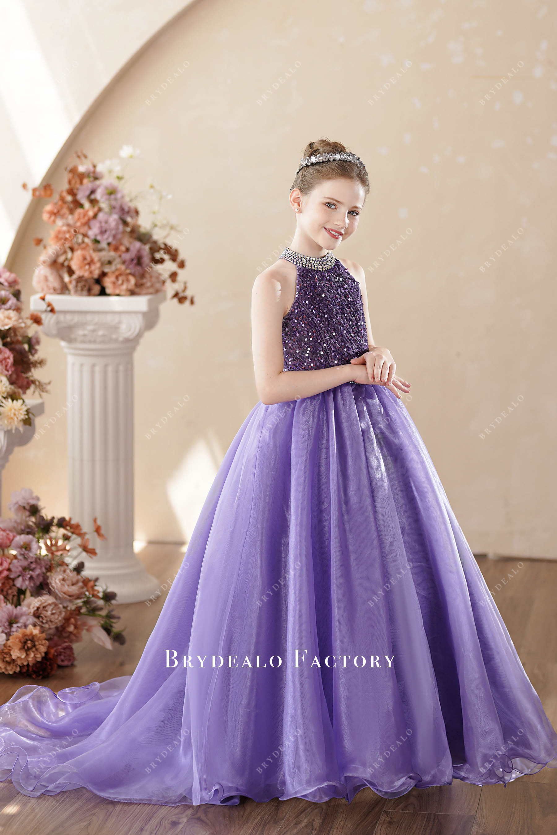 Purple Shimmer Velvet Organza Sleeveless Kids Birthday Dress