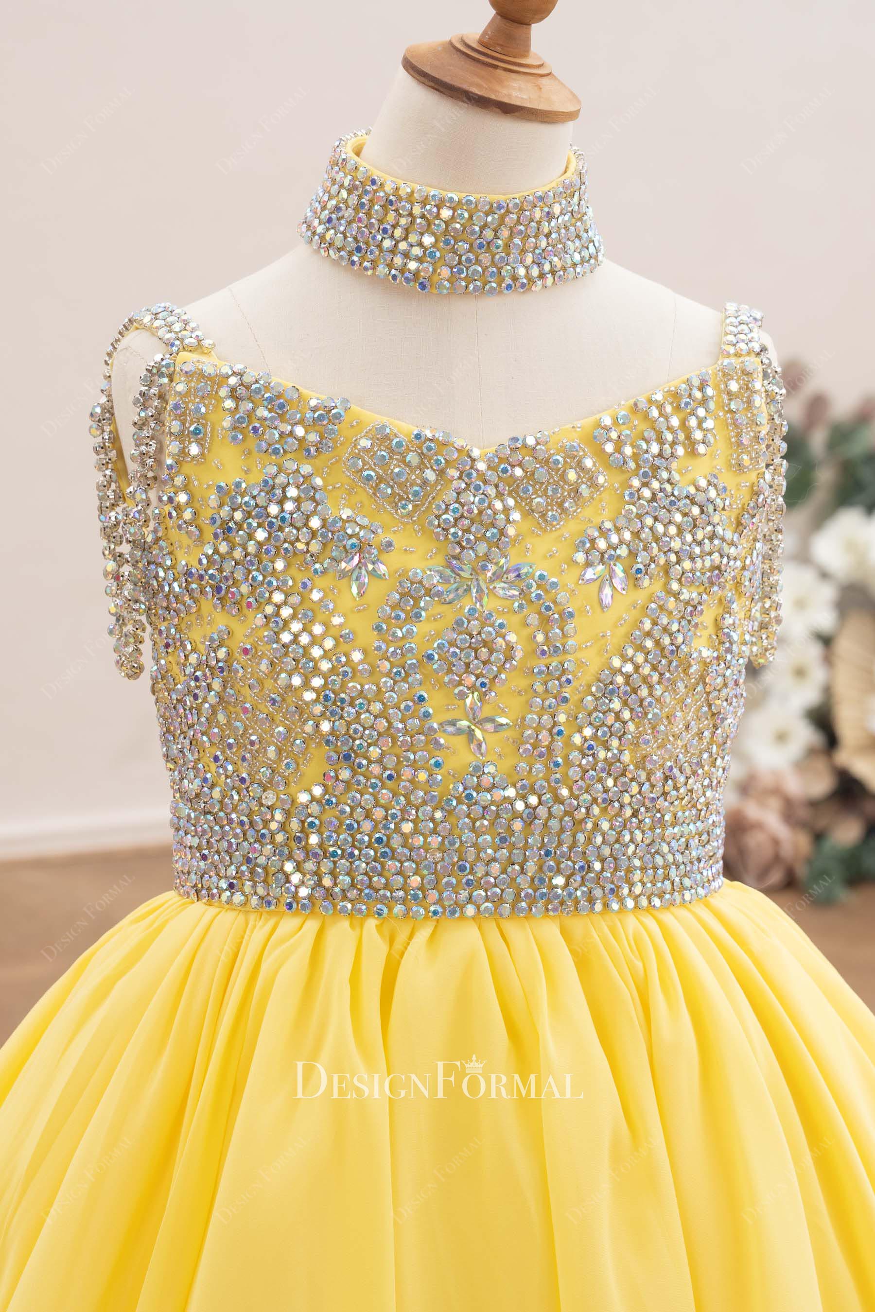 Rhinestone Choker Yellow Chiffon Little Girl Pageant Gown