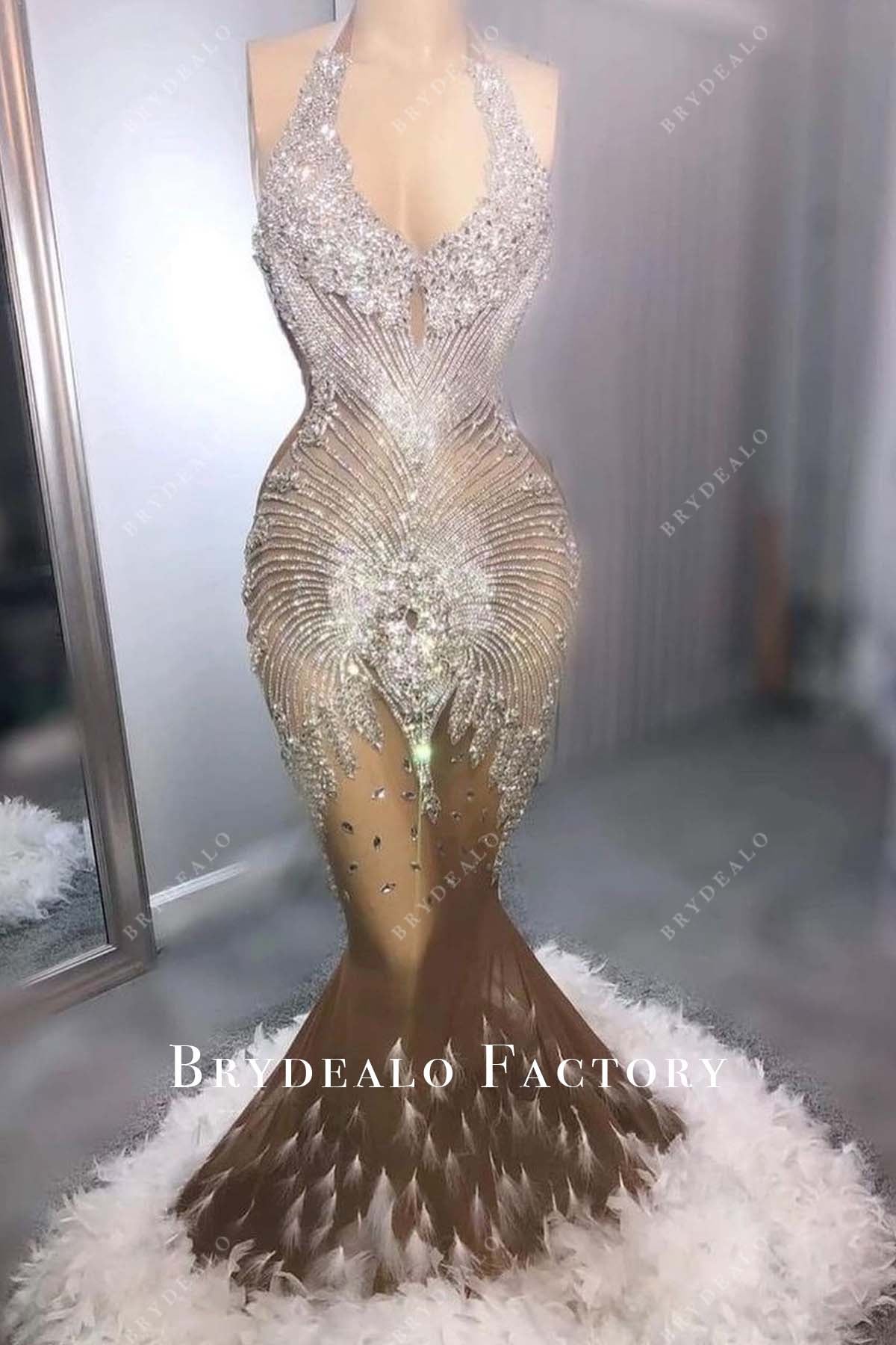 Sparkly Rhinestones Halter Turkey Feather Made-to-Order Prom Dress