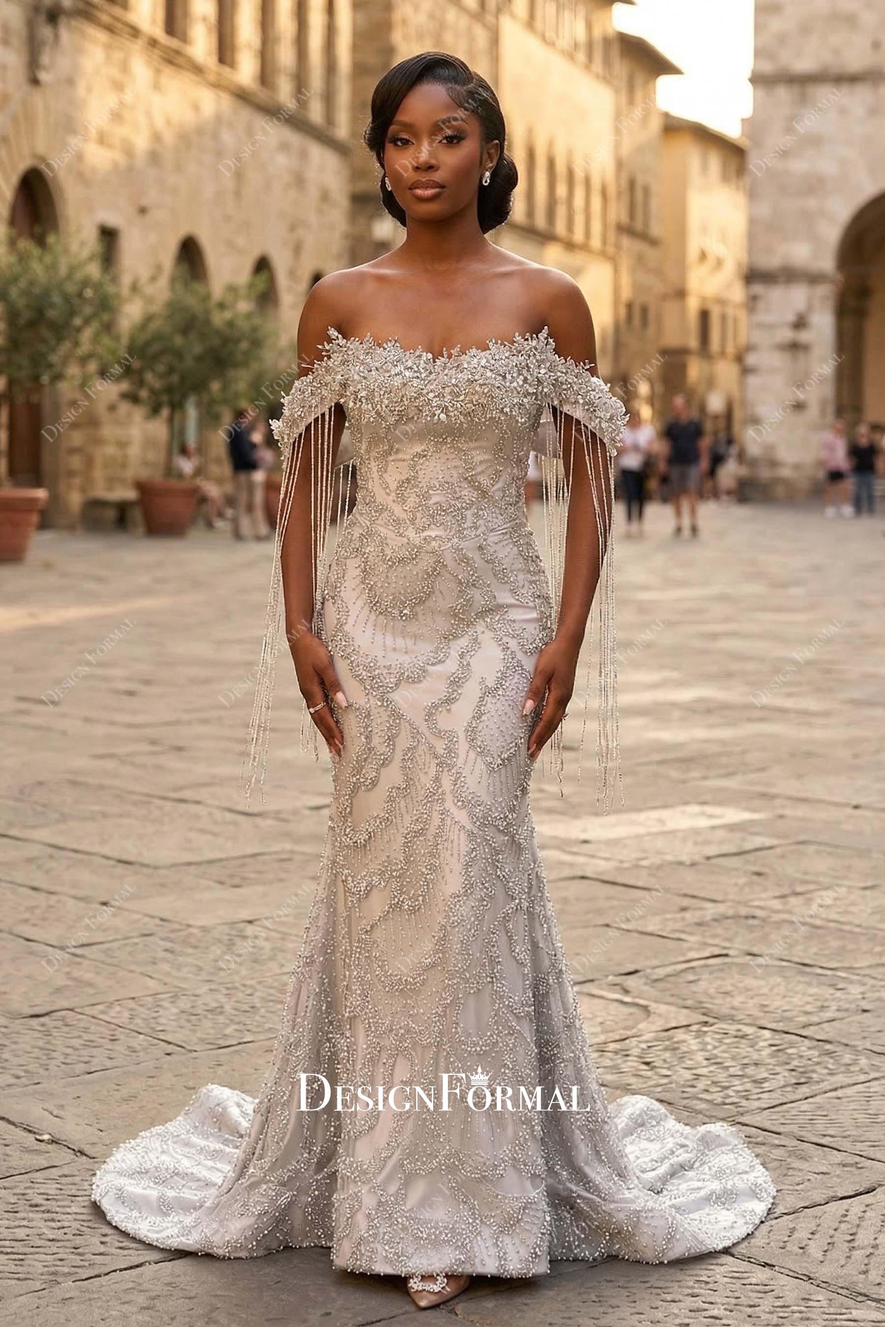 Custom Silver Tassels Off Shoulder Mermaid Senior Prom Dress Custom Silver Tassels Off Shoulder Mermaid Senior Prom Dress