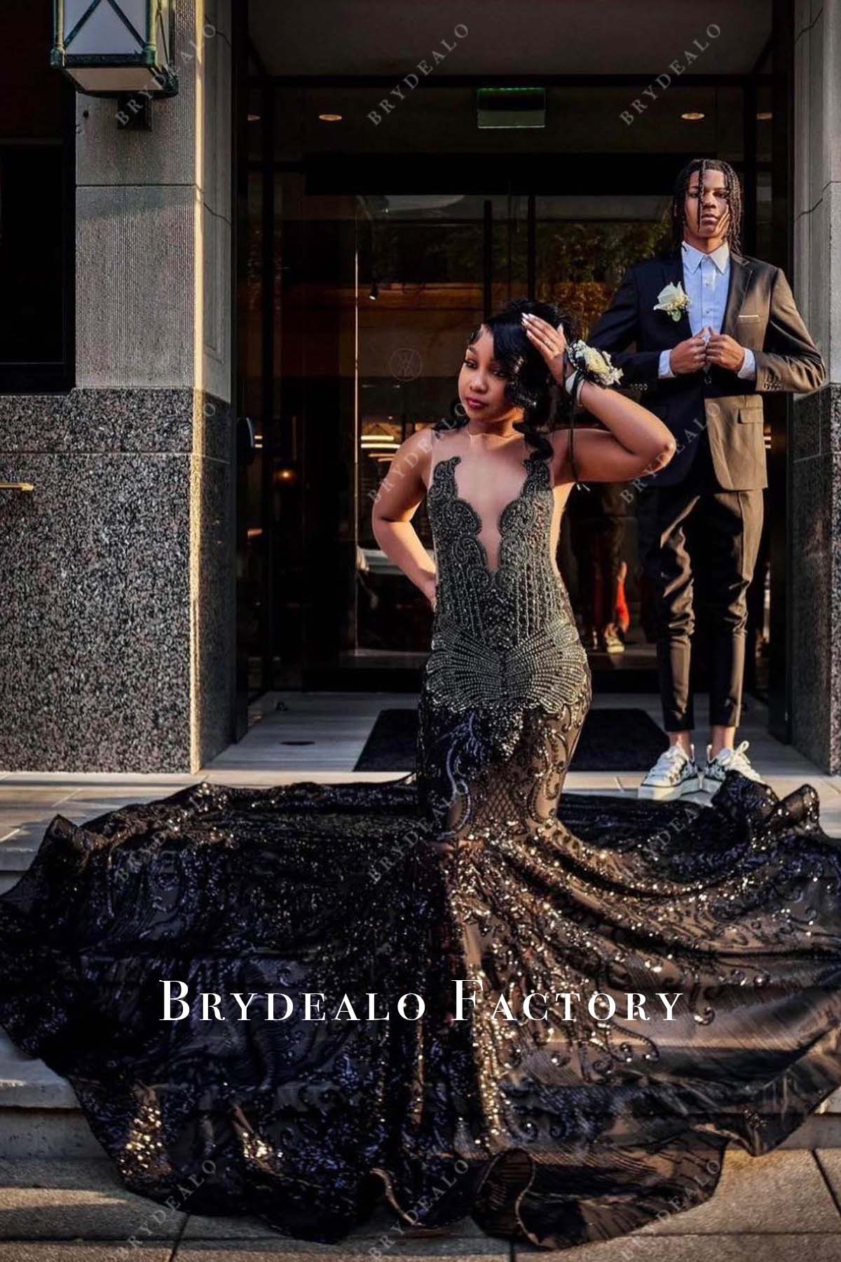 sleeveless black sequin mermaid long train formal gown