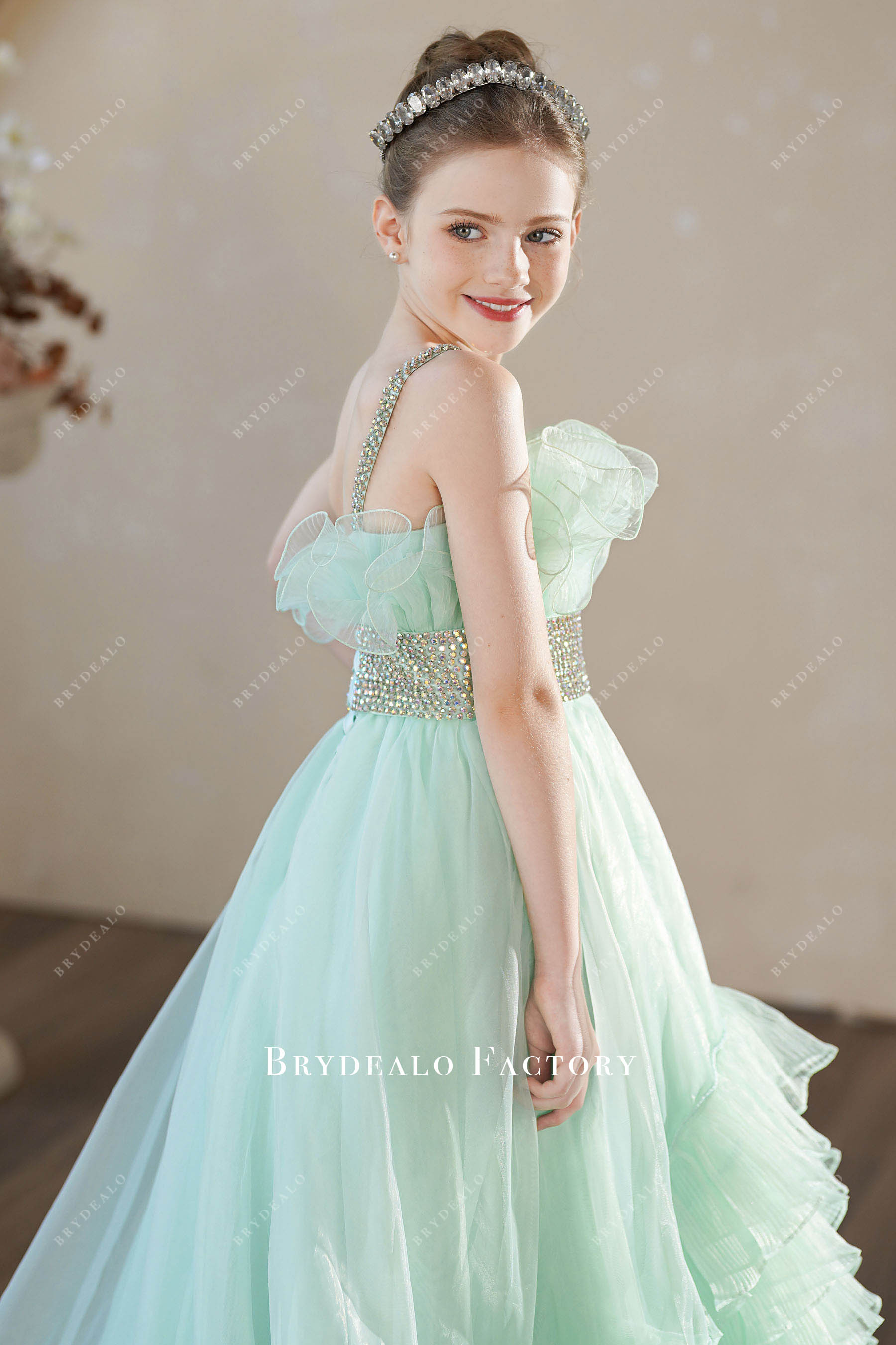 rhinestone spaghetti straps green junior pageant dress