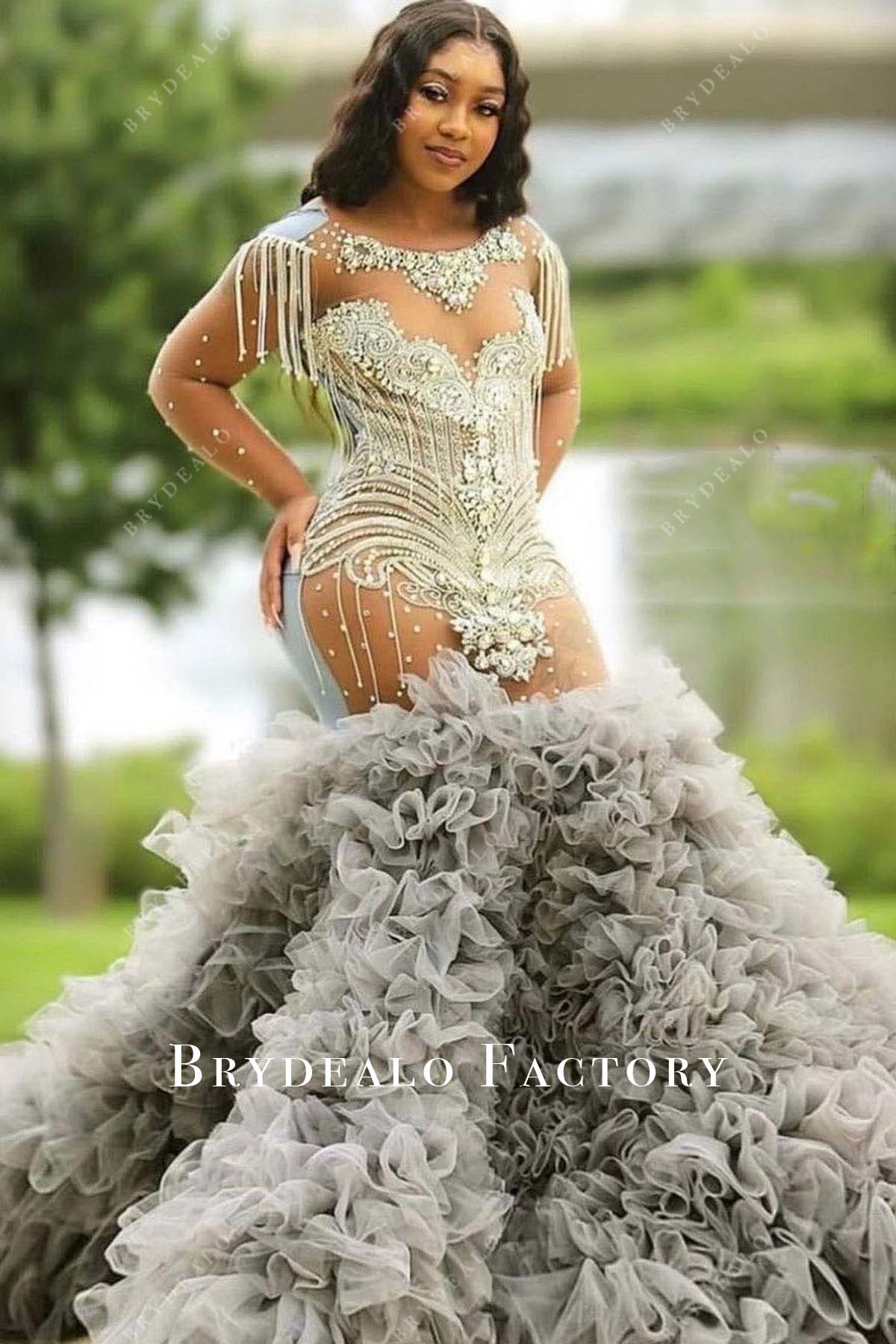 Silver Rhinestone Grey Tulle Ruffled Trumpet Floor Length Prom Dress Silver Rhinestone Grey Tulle Ruffled Trumpet Floor Length Prom Dress