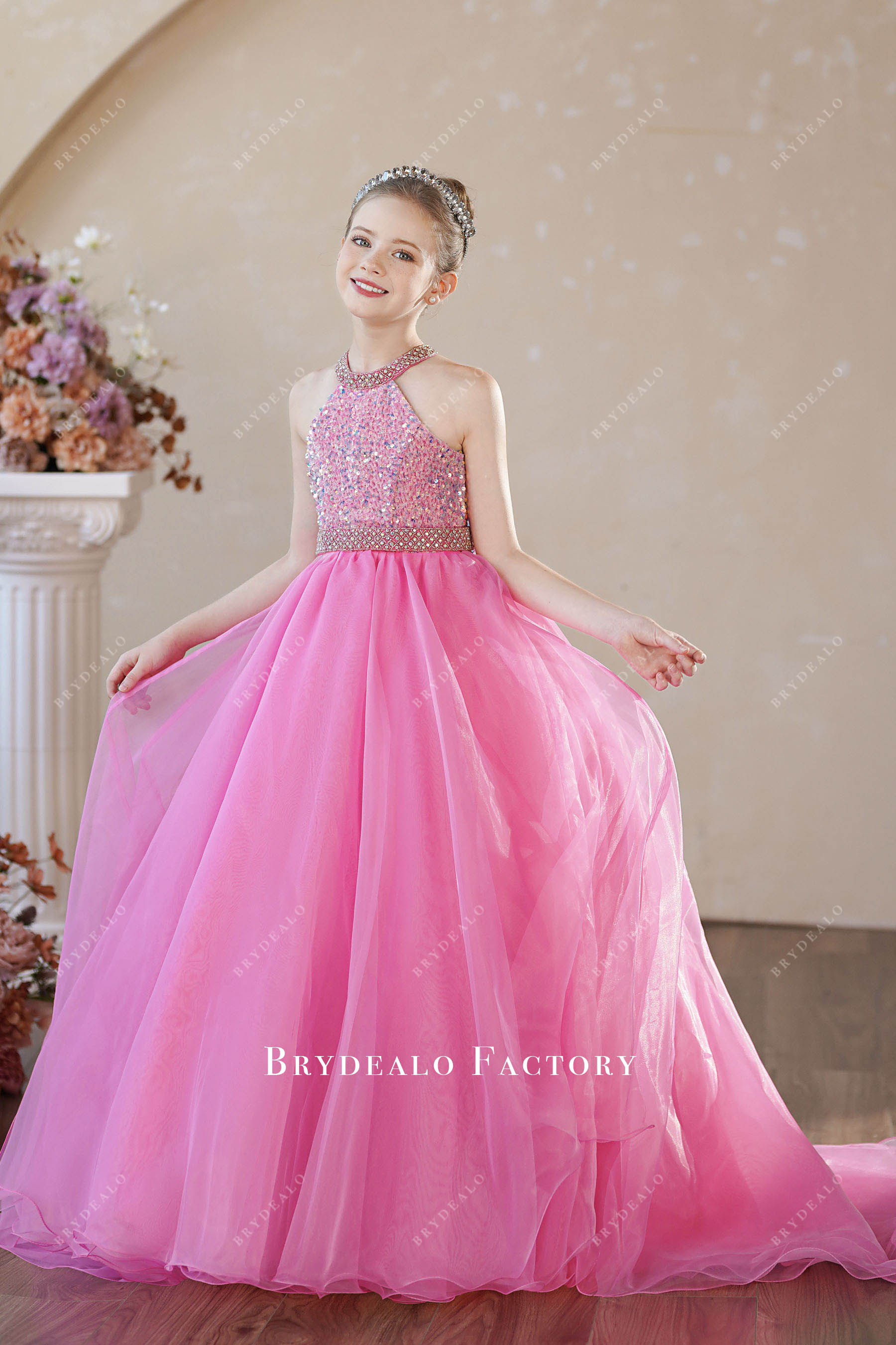 Iridescent Pink Sequin Halter Organza Young Girl Pageant Dress Iridescent Pink Sequin Halter Organza Young Girl Pageant Dress