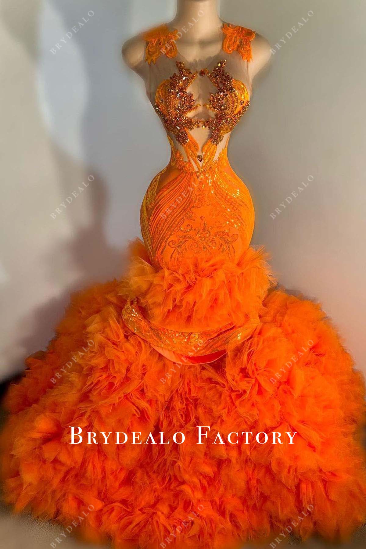 strapless open back dress Orange Sequin Sleeveless Ruffled Tulle Trumpet Floor Length Prom Dress