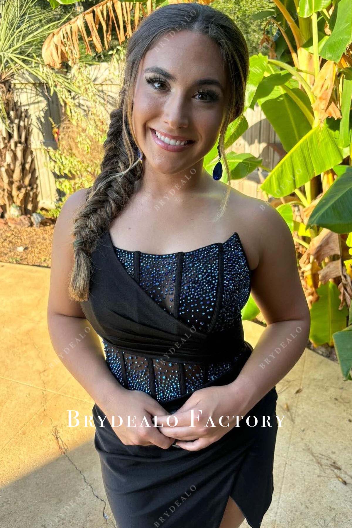 Homecoming Dress | Rhinestones Black One Shoulder Mini Formal Gown Homecoming Dress | Rhinestones Black One Shoulder Mini Formal Gown