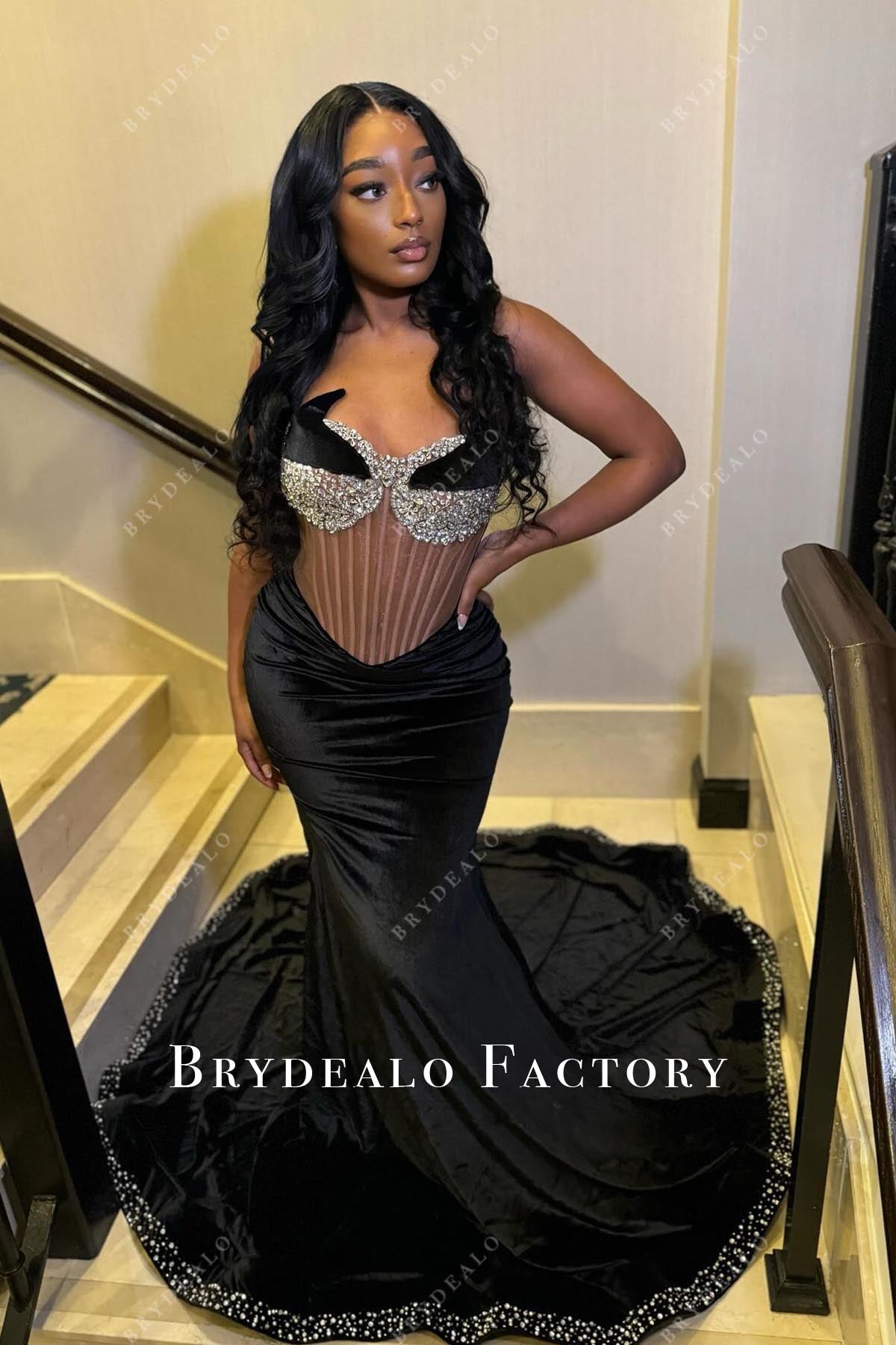 rhinestones black strapless prom dress