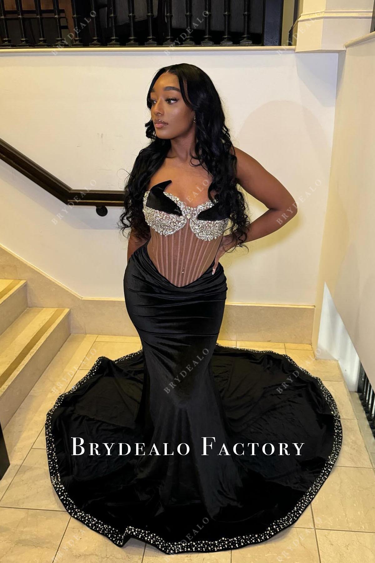 rhinestones black trumpet prom dress