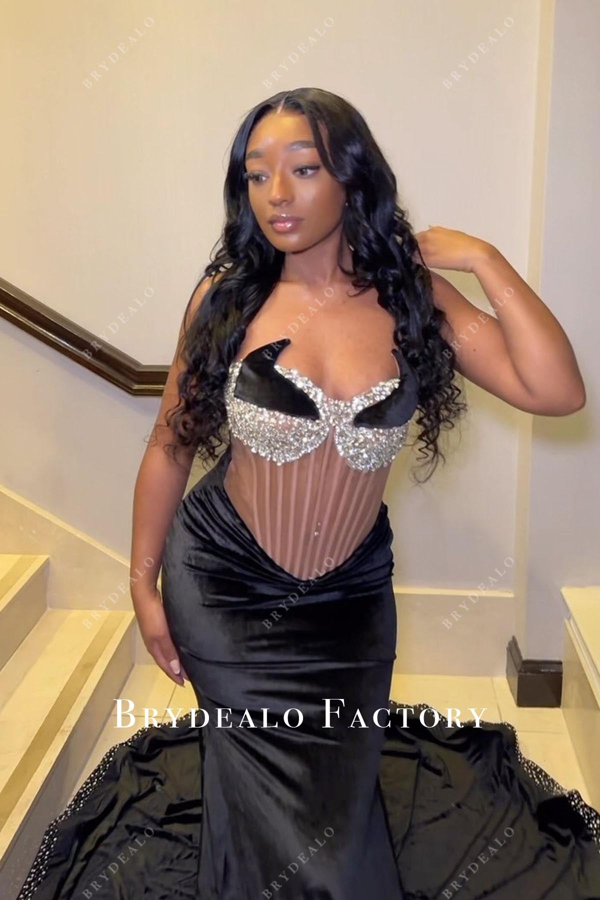 rhinestones black velvet prom dress