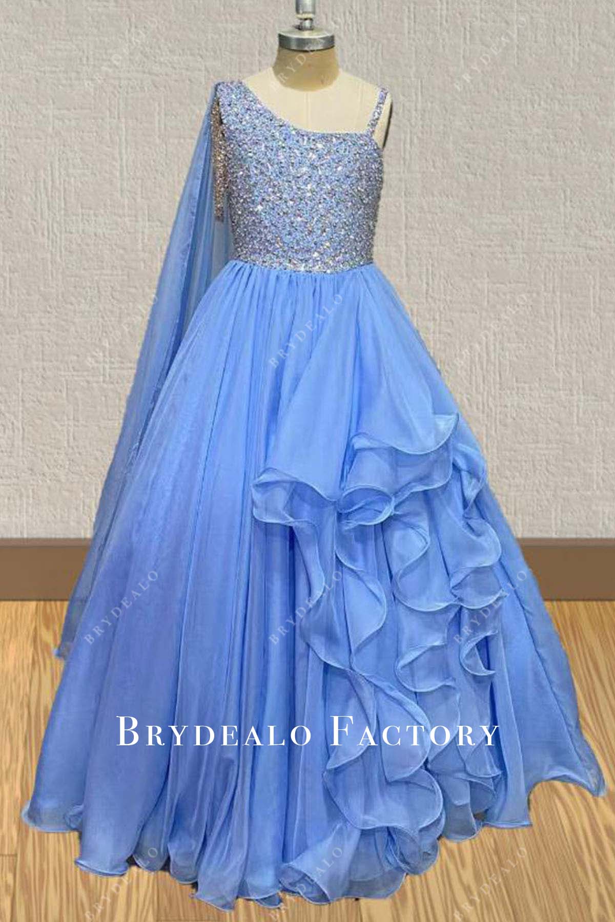 Pageant Dress | Rhinestones Blue Asymmetrical Neckline Ruffled Kids Gown Pageant Dress | Rhinestones Blue Asymmetrical Neckline Ruffled Kids Gown