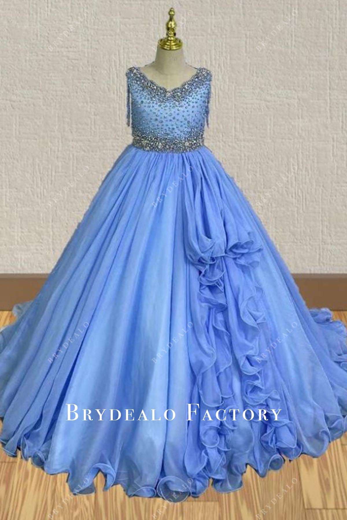 rhinestones blue a line pageant dress