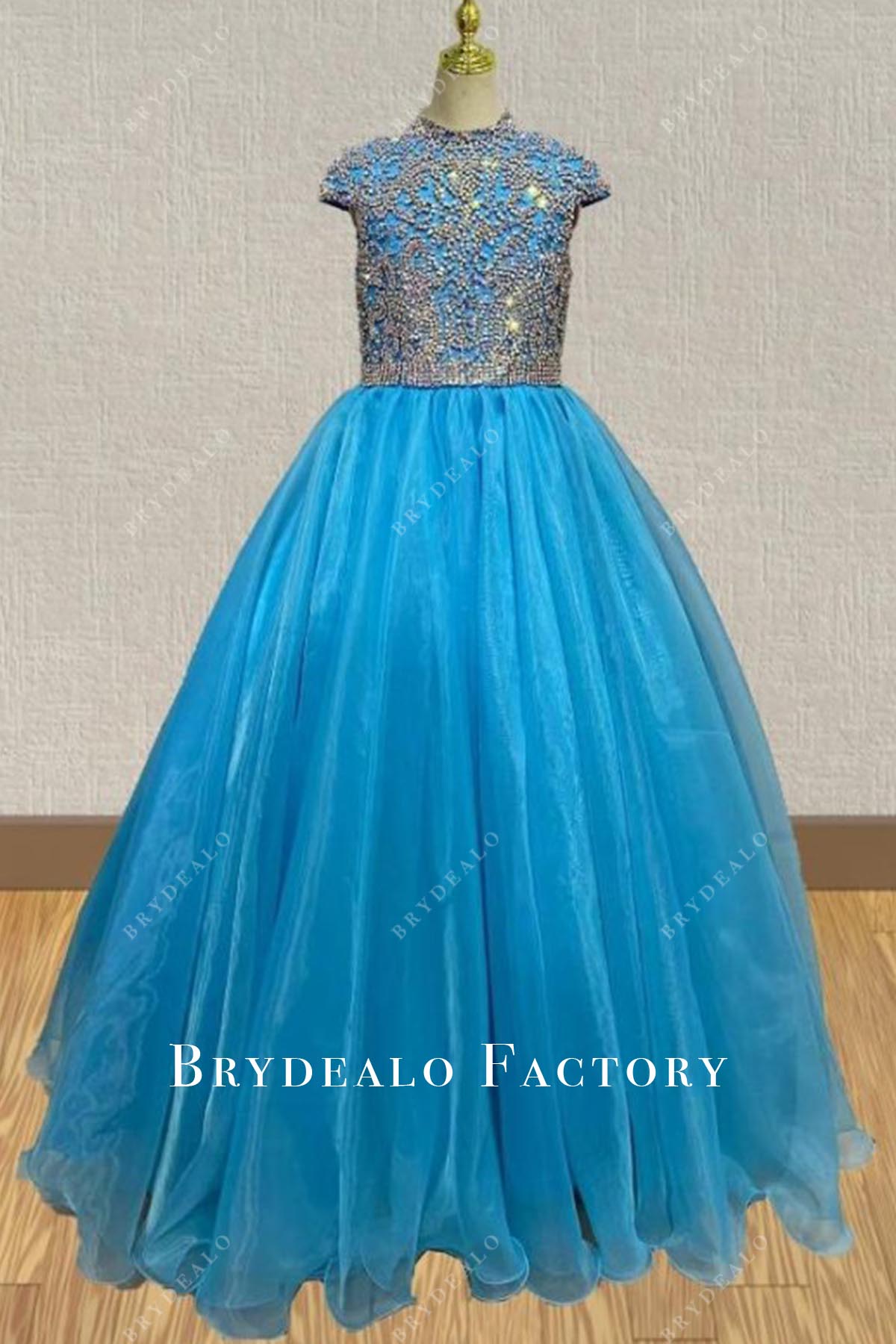 Crystals Blue Cap Sleeves A-Line Miss Teen Pageant Dress