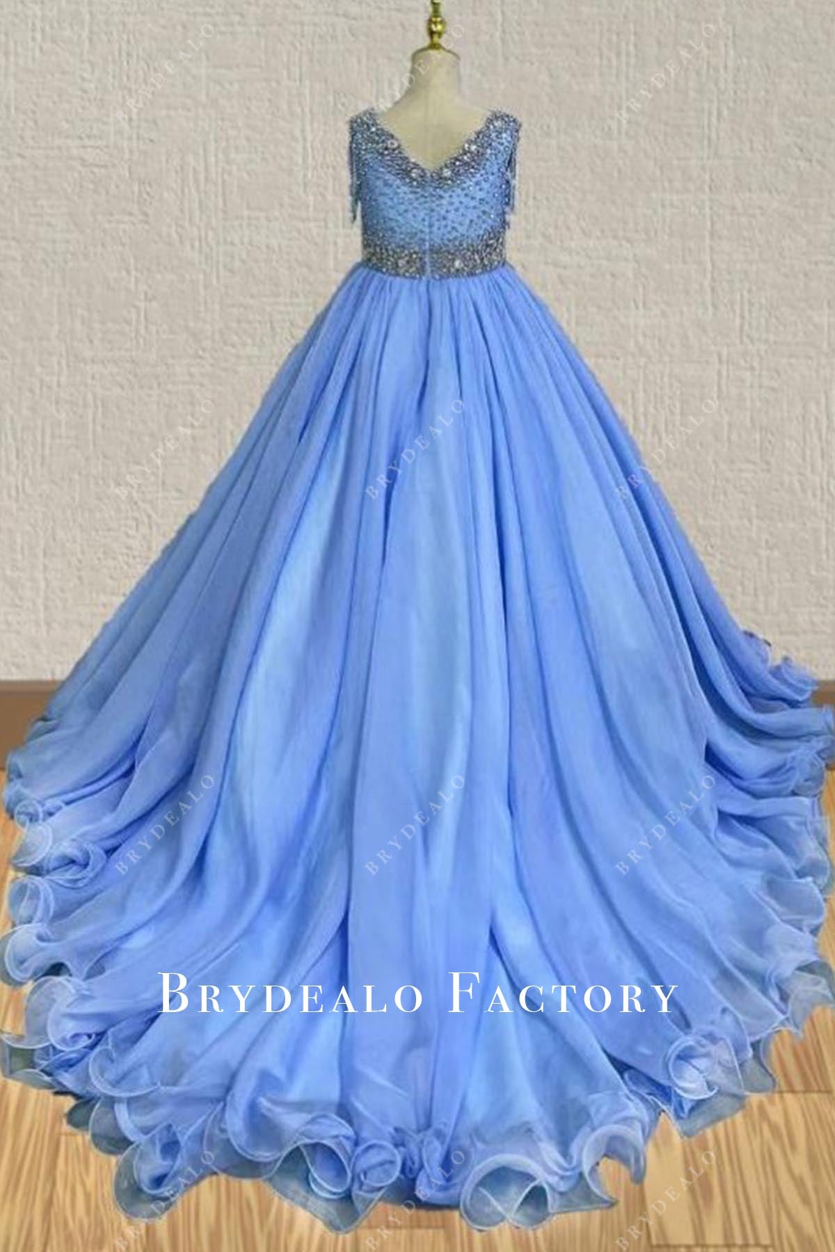 rhinestones blue court train pageant dress