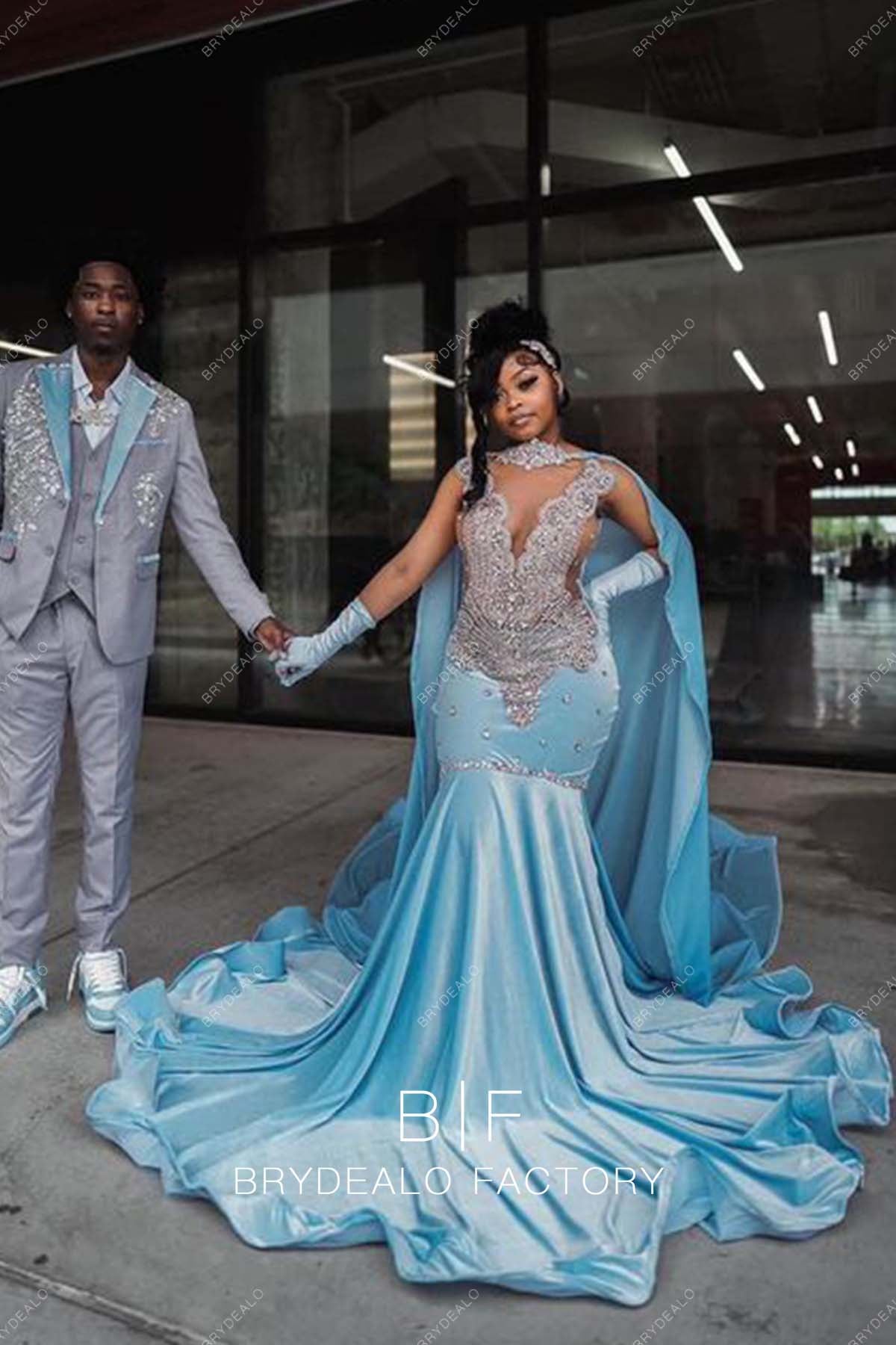 Rhinestone Sky Blue Velvet Long Train Mermaid Prom Dress with Cape Rhinestone Sky Blue Velvet Long Train Mermaid Prom Dress with Cape