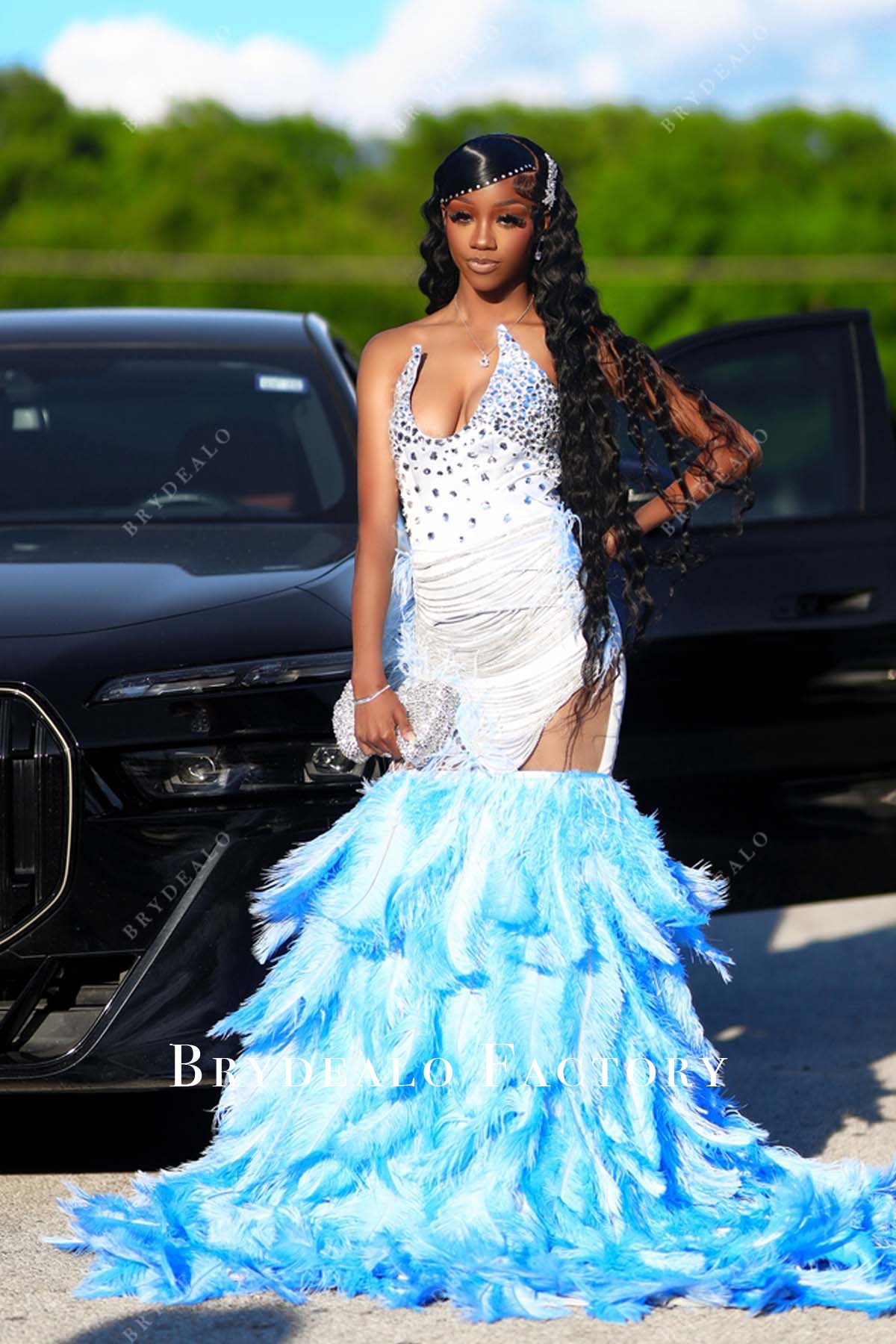 Strapless Plunging Rhinestones Blue Ostrich Feather Dress Strapless Plunging Rhinestones Blue Ostrich Feather Dress