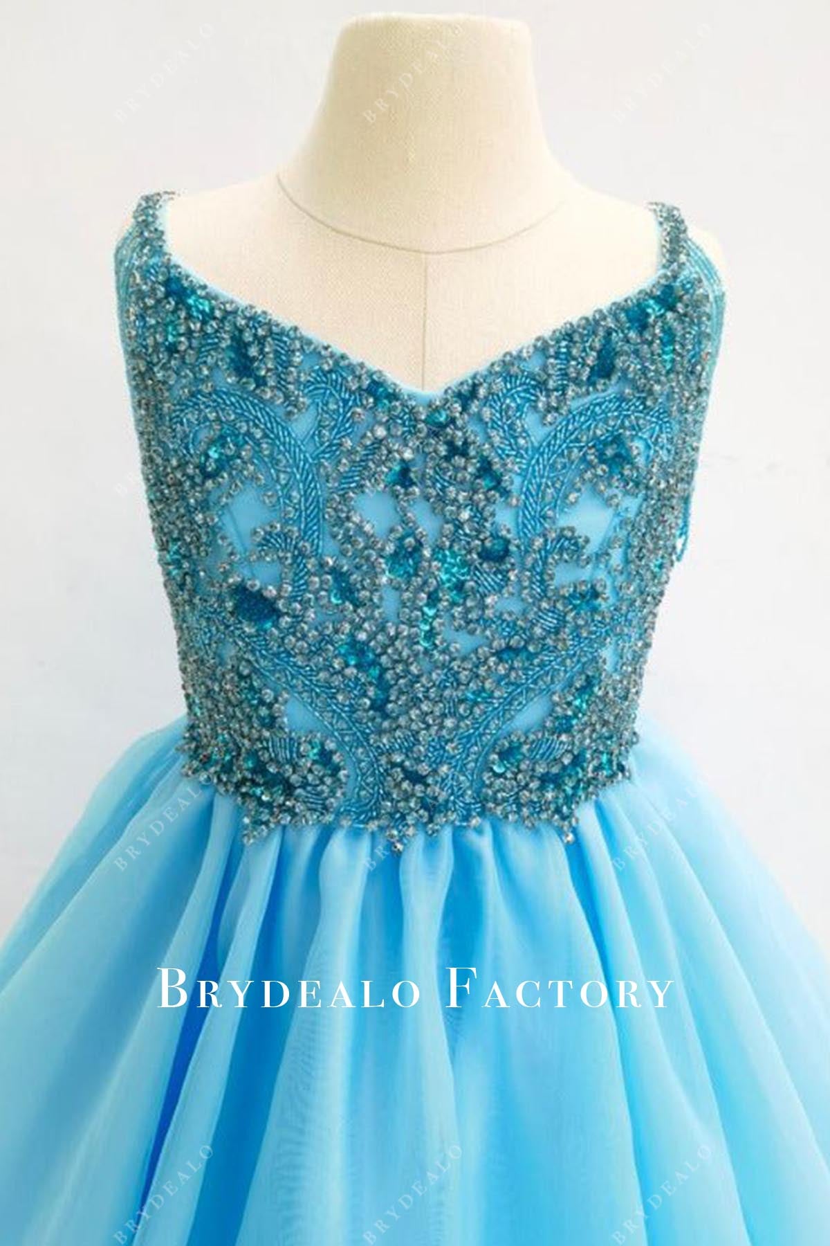 rhinestones blue v neck pageant dress