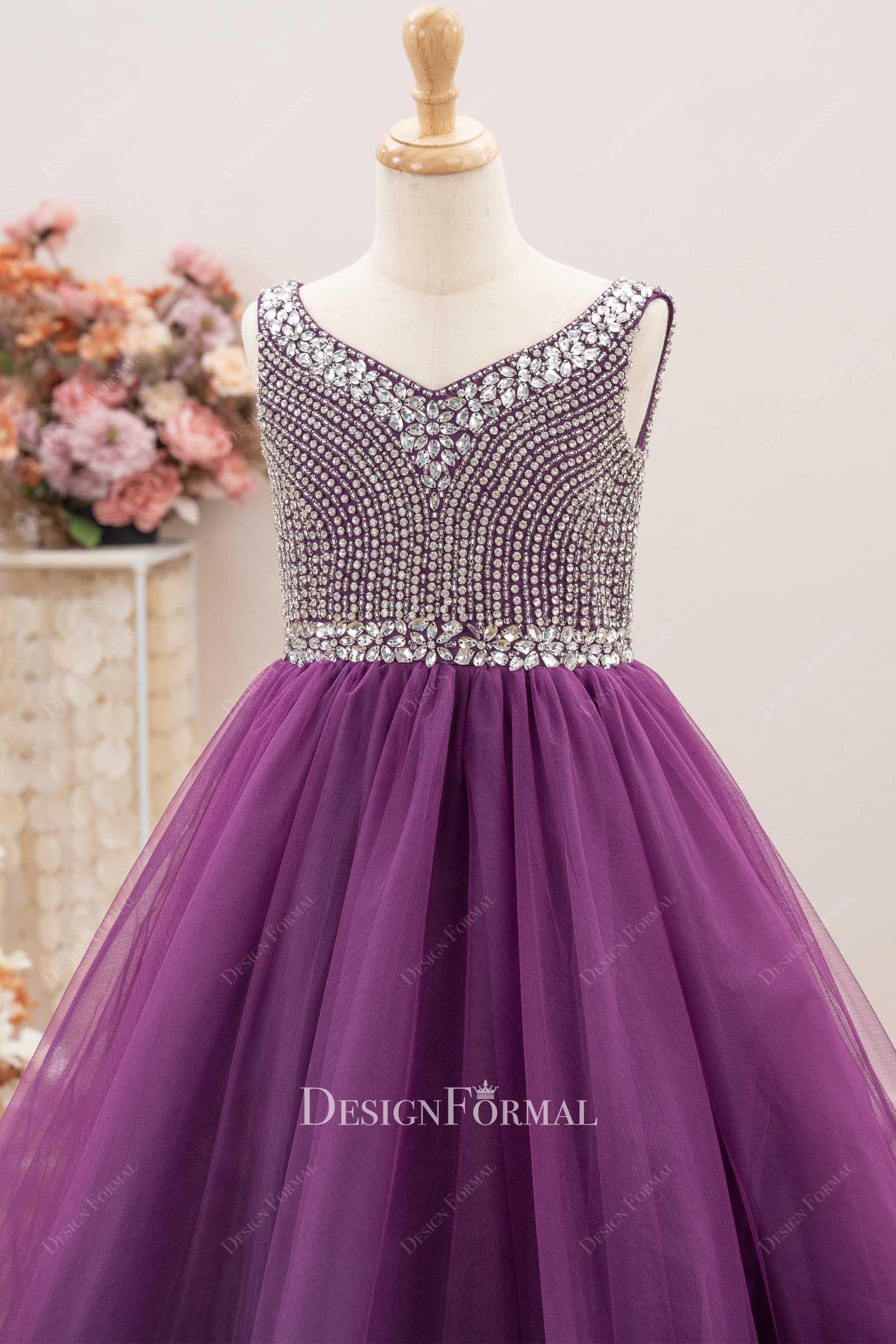 rhinestones bodice grape tulle kids pageant dress