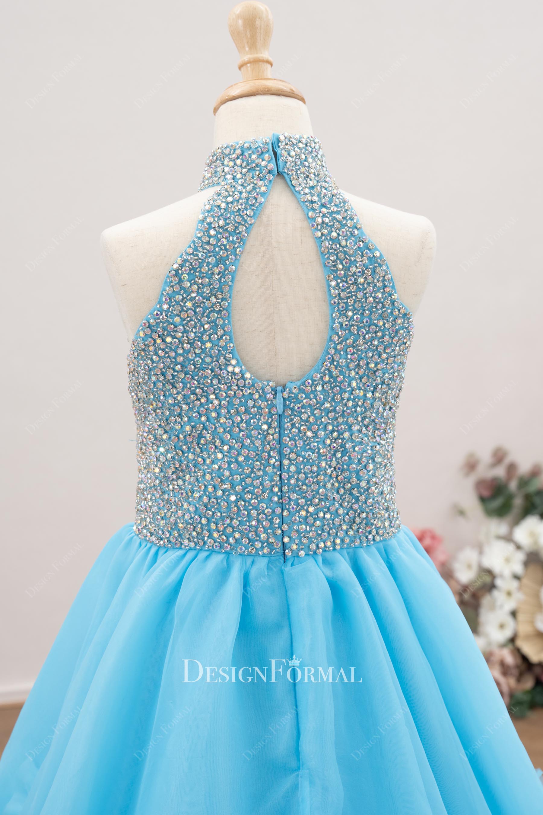 rhinestones bodice sky blue organza pageant dress