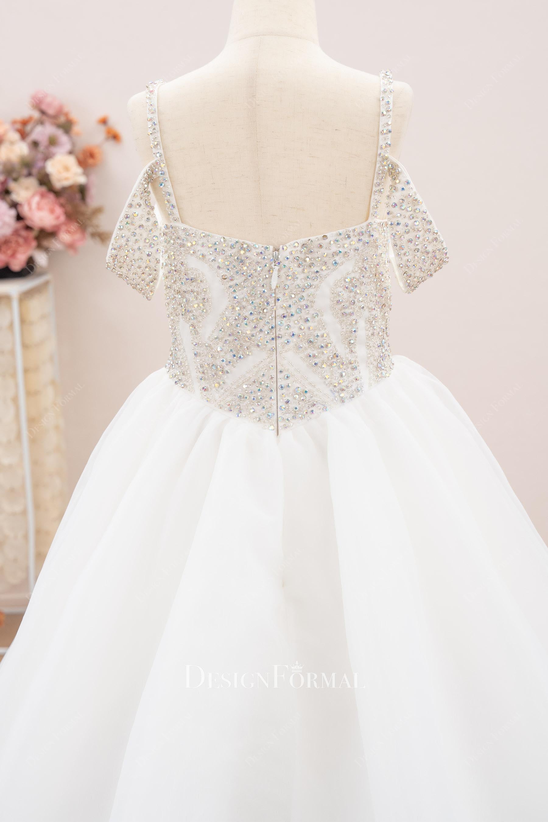 rhinestones bodice square back first communion dress