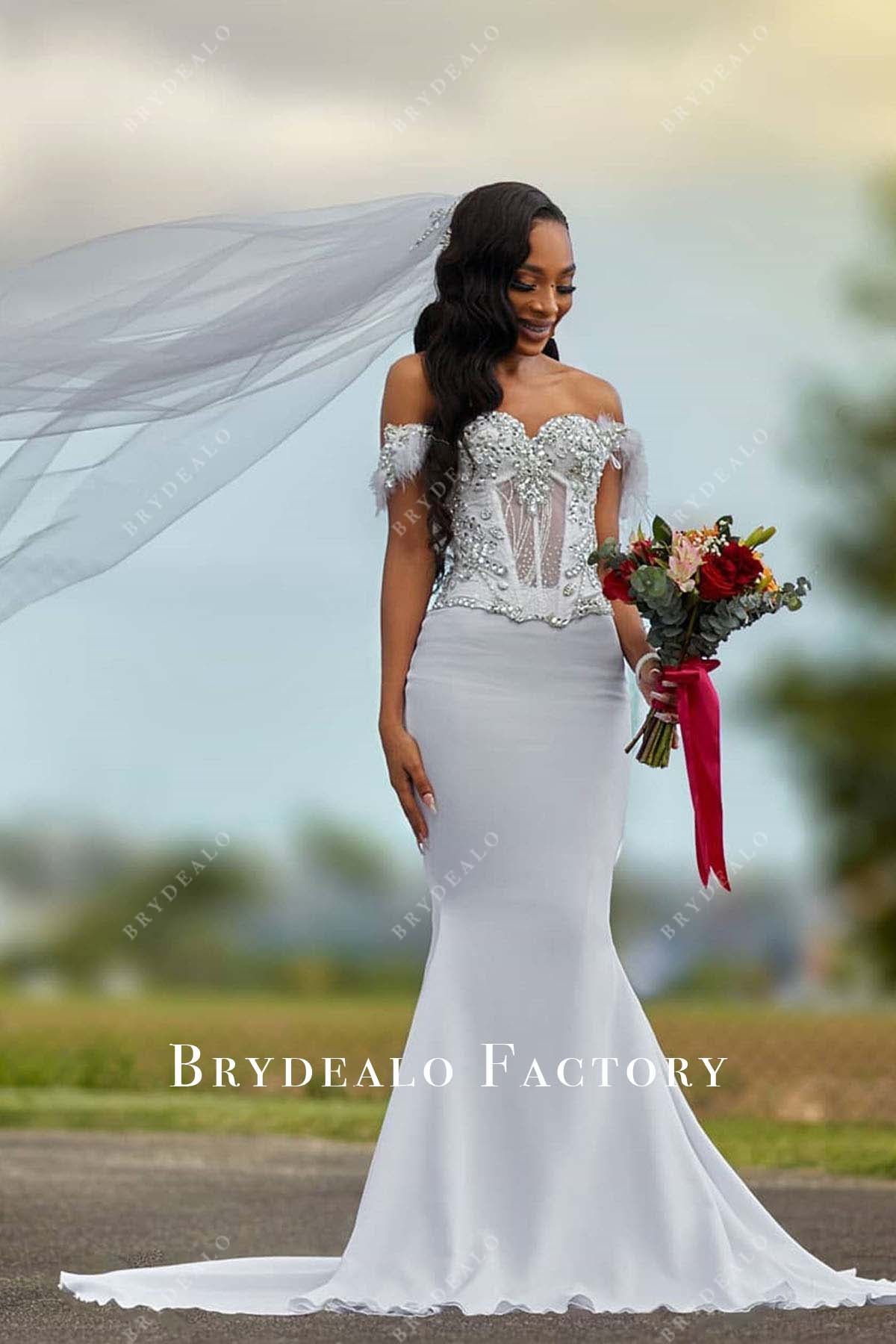 Off Shoulder Rhinestones Sweetheart Neck Mermaid Wedding Dress