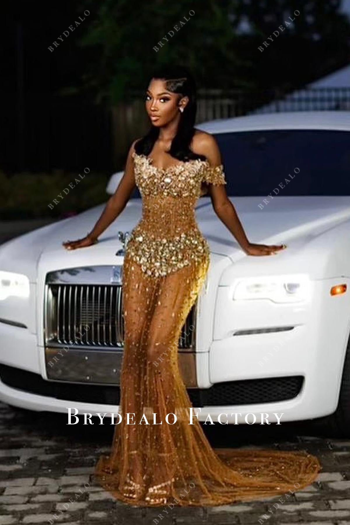 gold mermaid dress with sleeves Rhinestones One Sleeve Illusion Mermaid Prom Dress