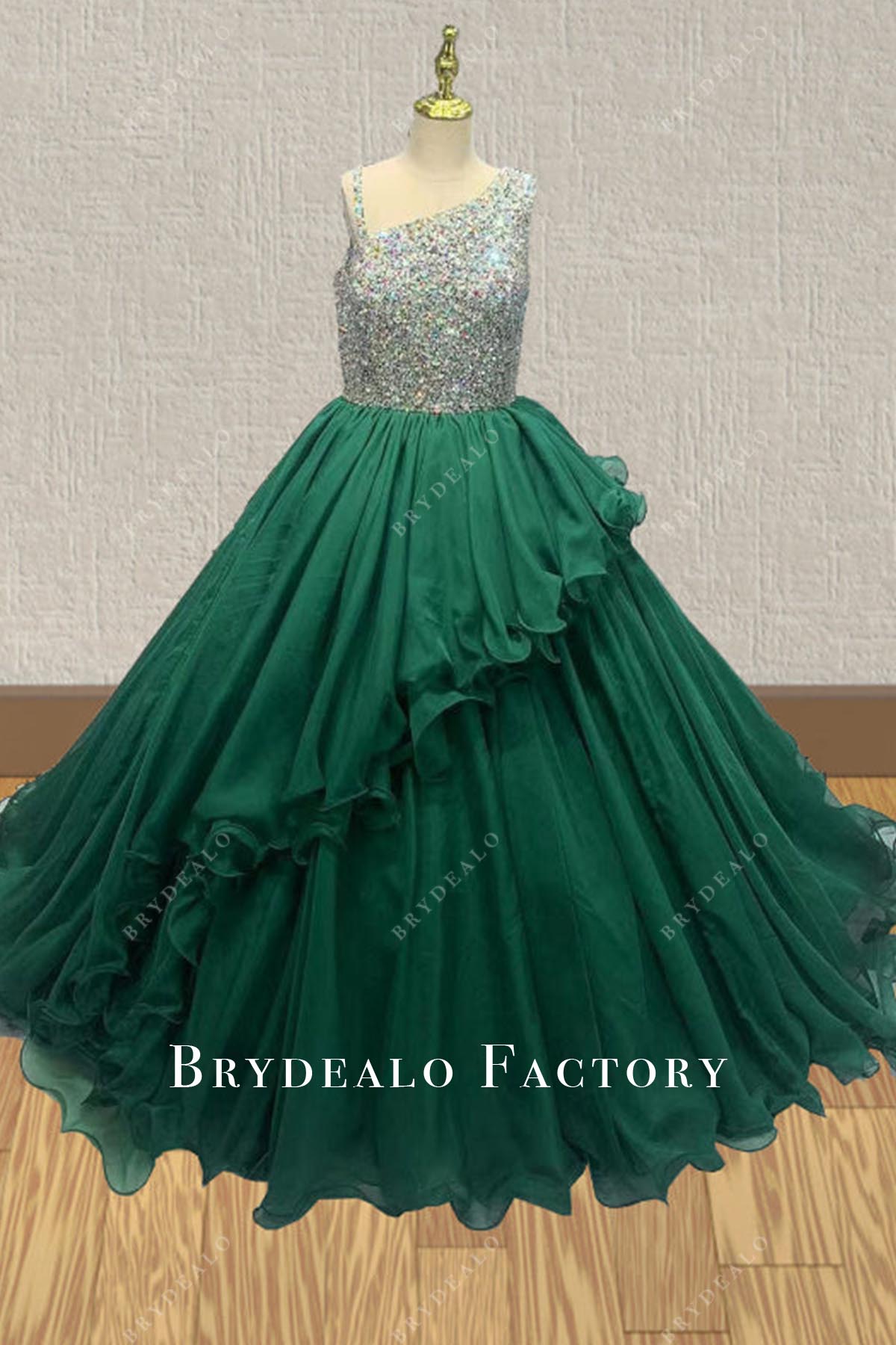 rhinestones dark green pageant dress