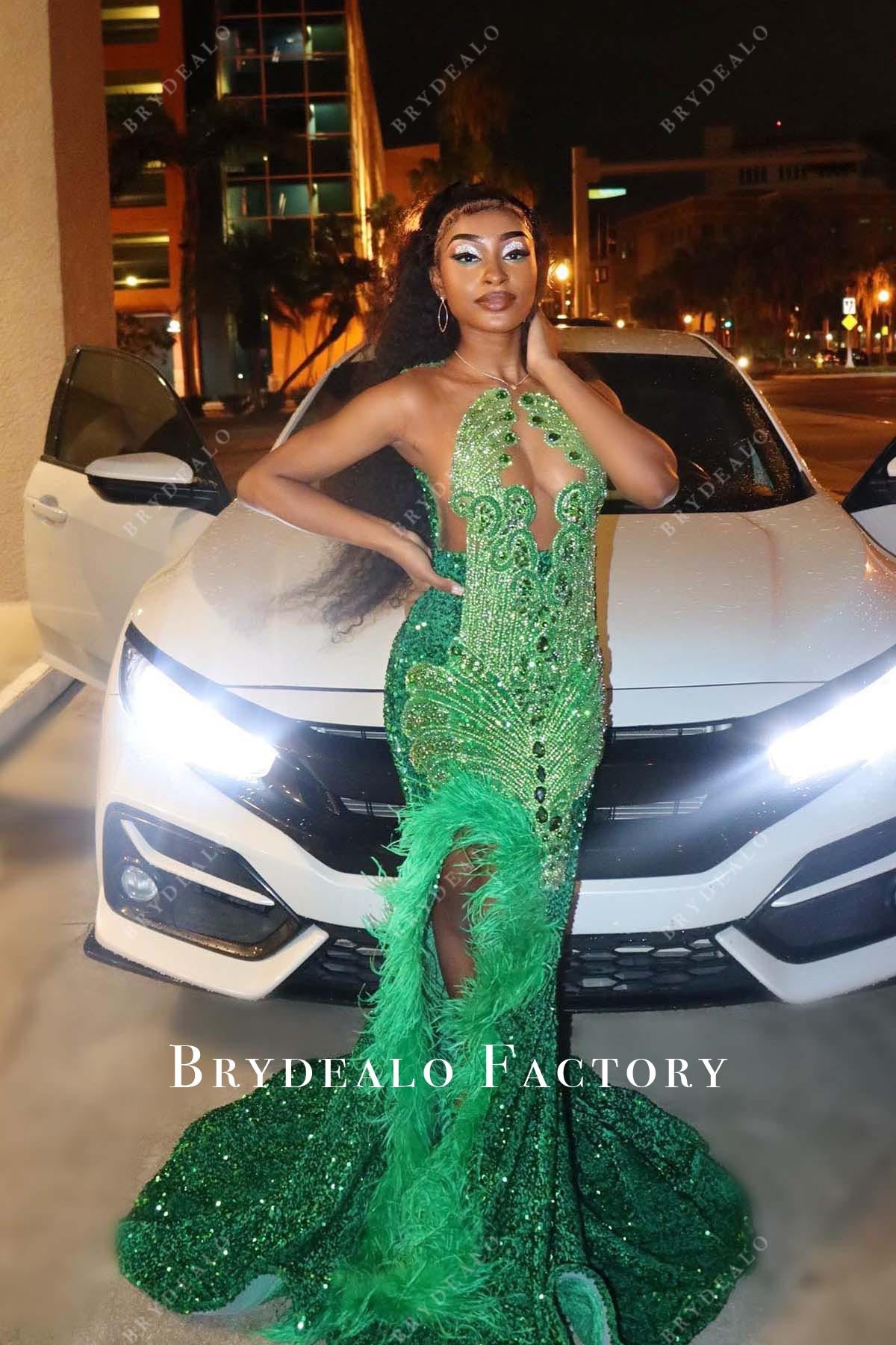 rhinestones emerald mermaid prom dress