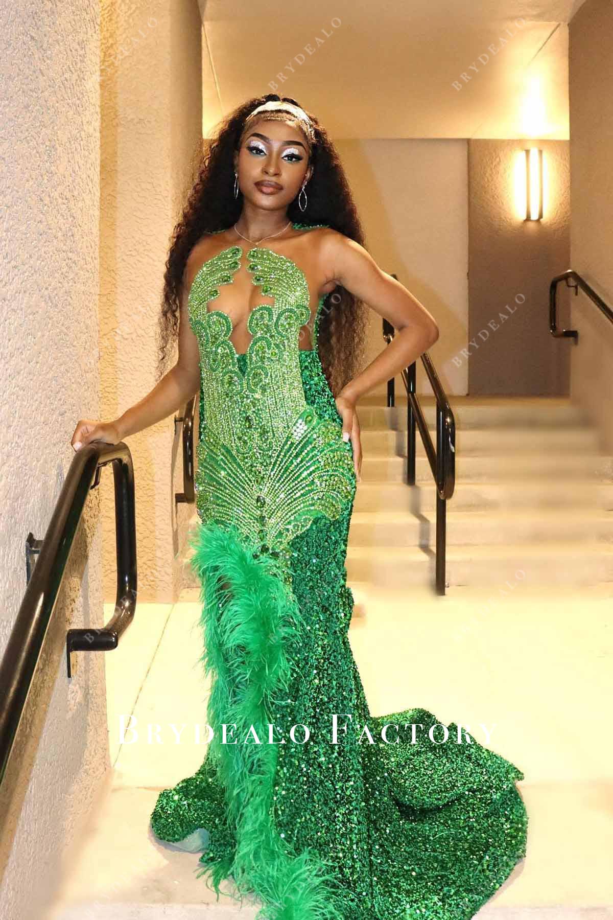 rhinestones emerald sleeveless mermaid dress