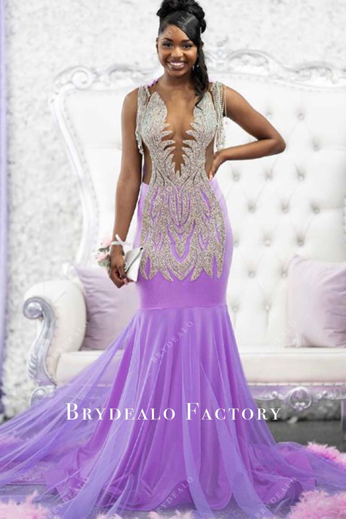 Rhinestones Plunging Neck Lilac Tulle Pink Feathers Prom Dress Rhinestones Plunging Neck Lilac Tulle Pink Feathers Prom Dress