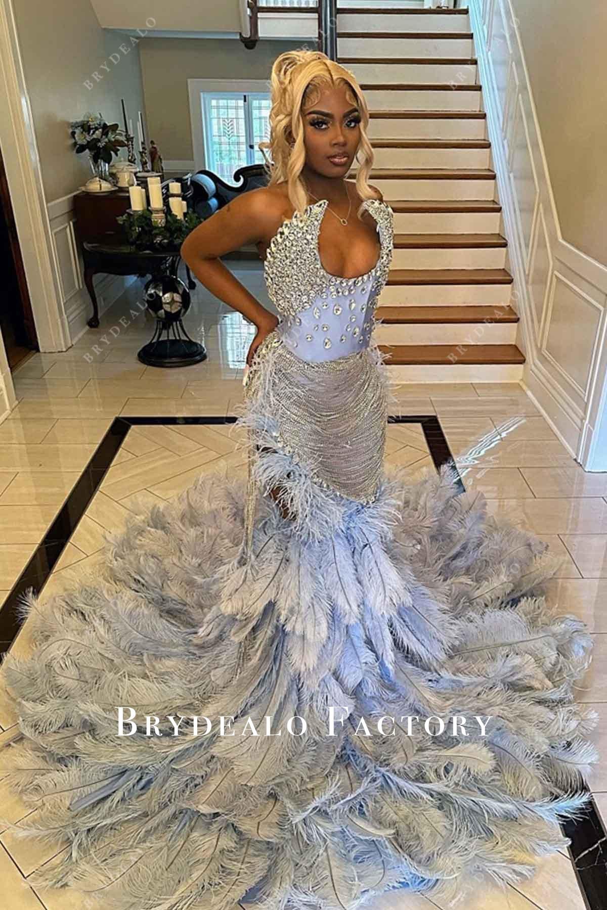 rhinestones feathered trumpet long train prom dress