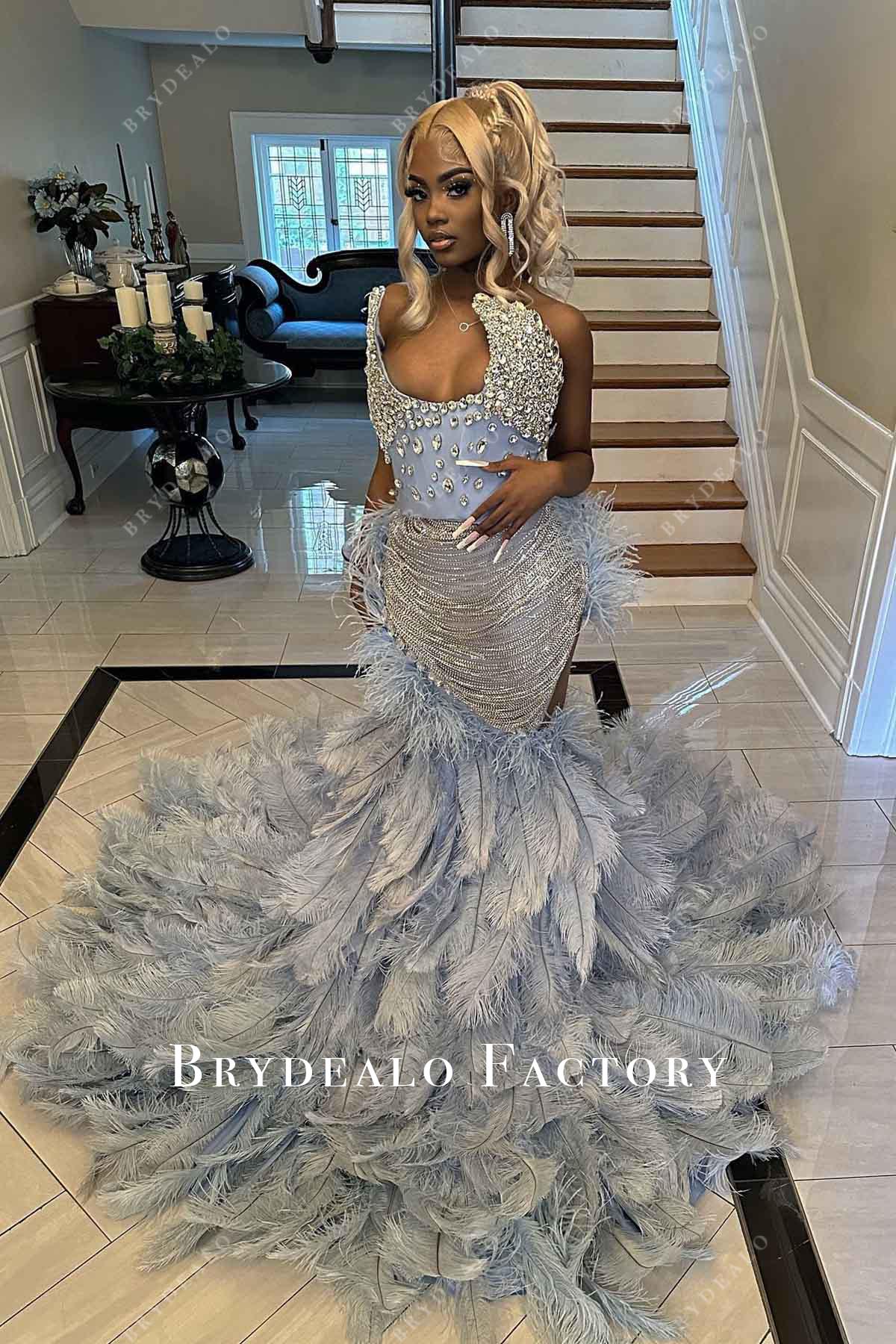 rhinestones feathered trumpet prom dress