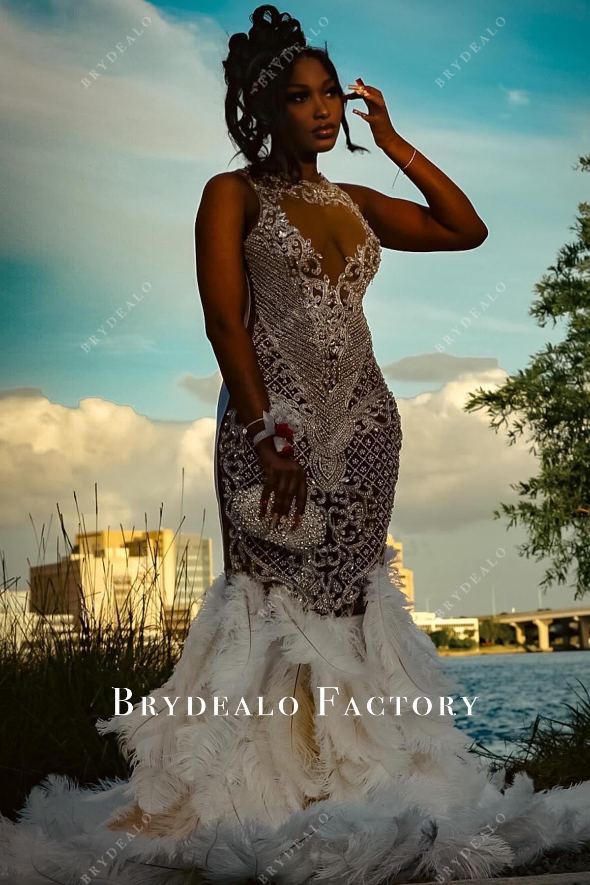 rhinestones feathered trumpet prom dress