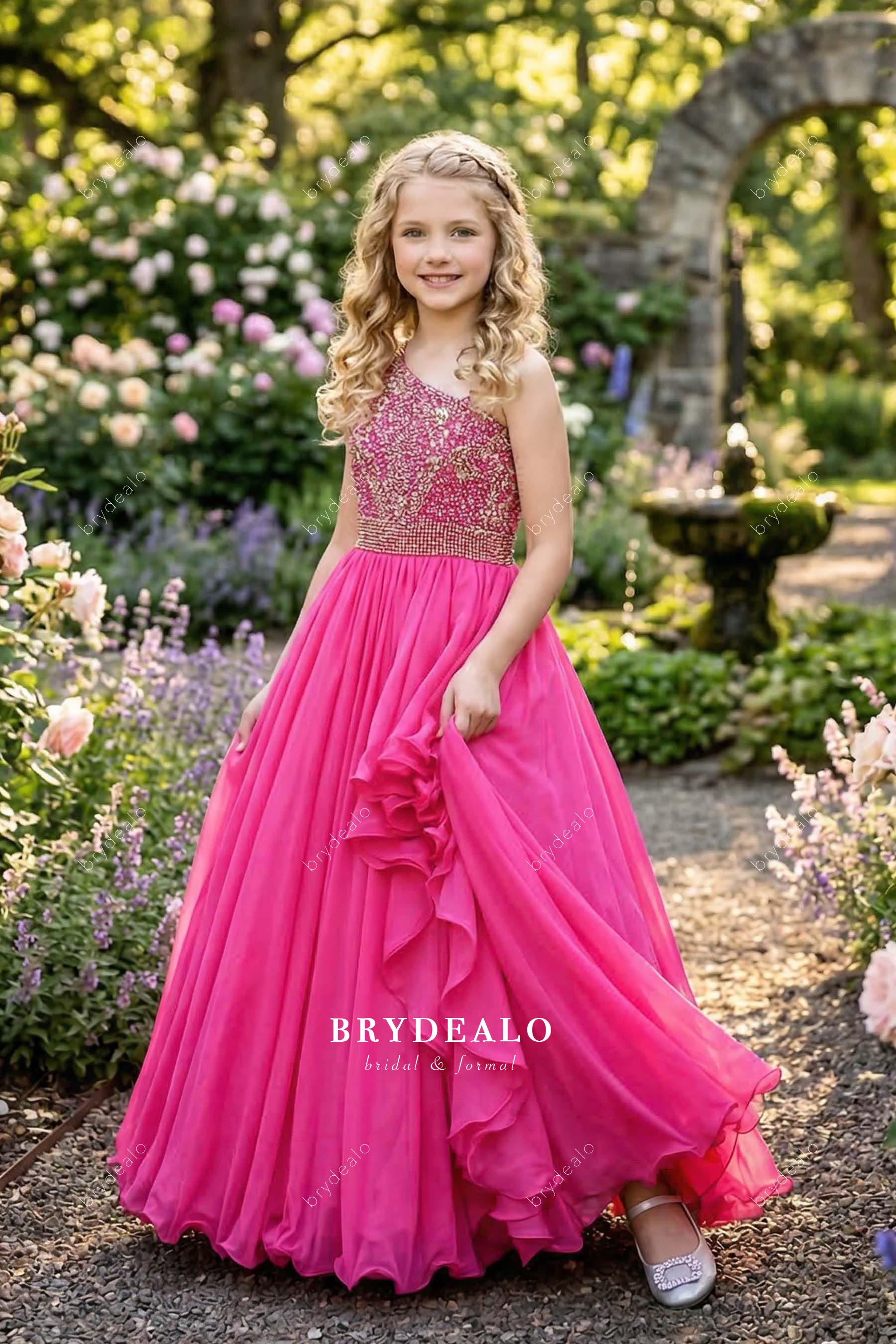 Pageant Dress | Sparkly Rhinestones Fuchsia Asymmetrical Kids Dress Pageant Dress | Sparkly Rhinestones Fuchsia Asymmetrical Kids Dress